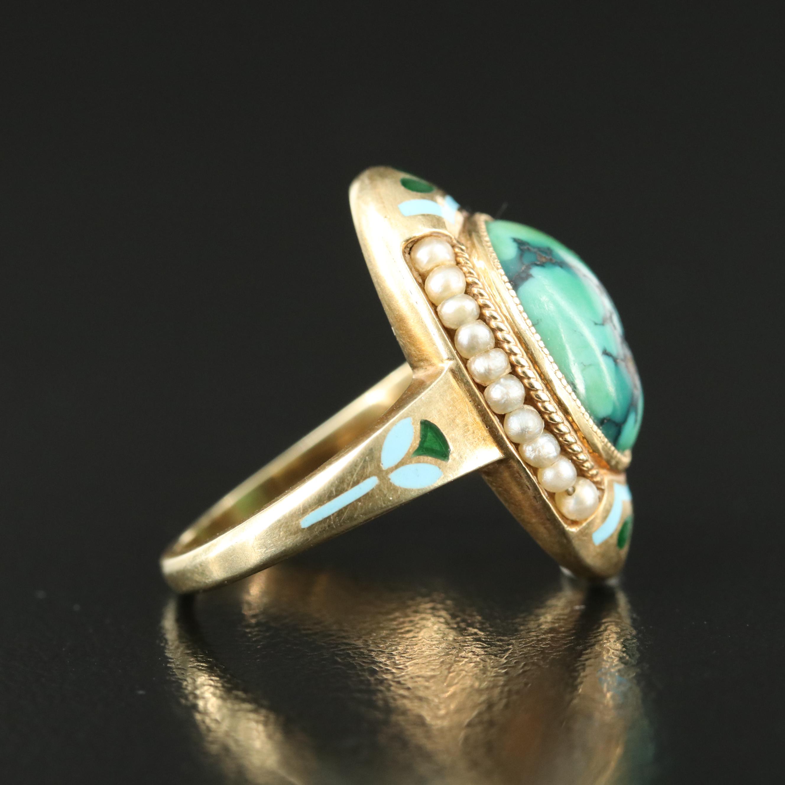 Egyptian Revival 14K Turquoise, Seed Pearl and Enamel Ring