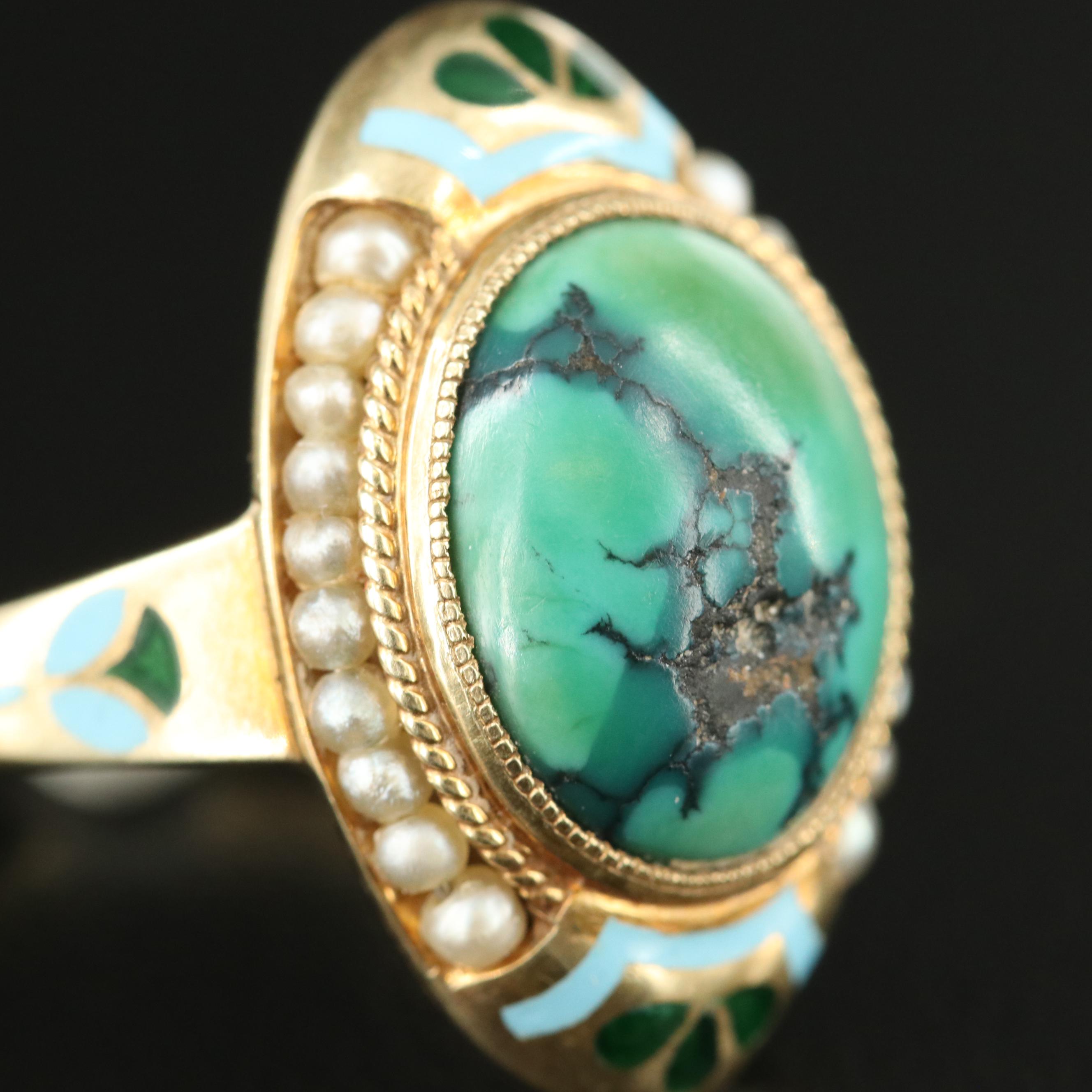 Egyptian Revival 14K Turquoise, Seed Pearl and Enamel Ring