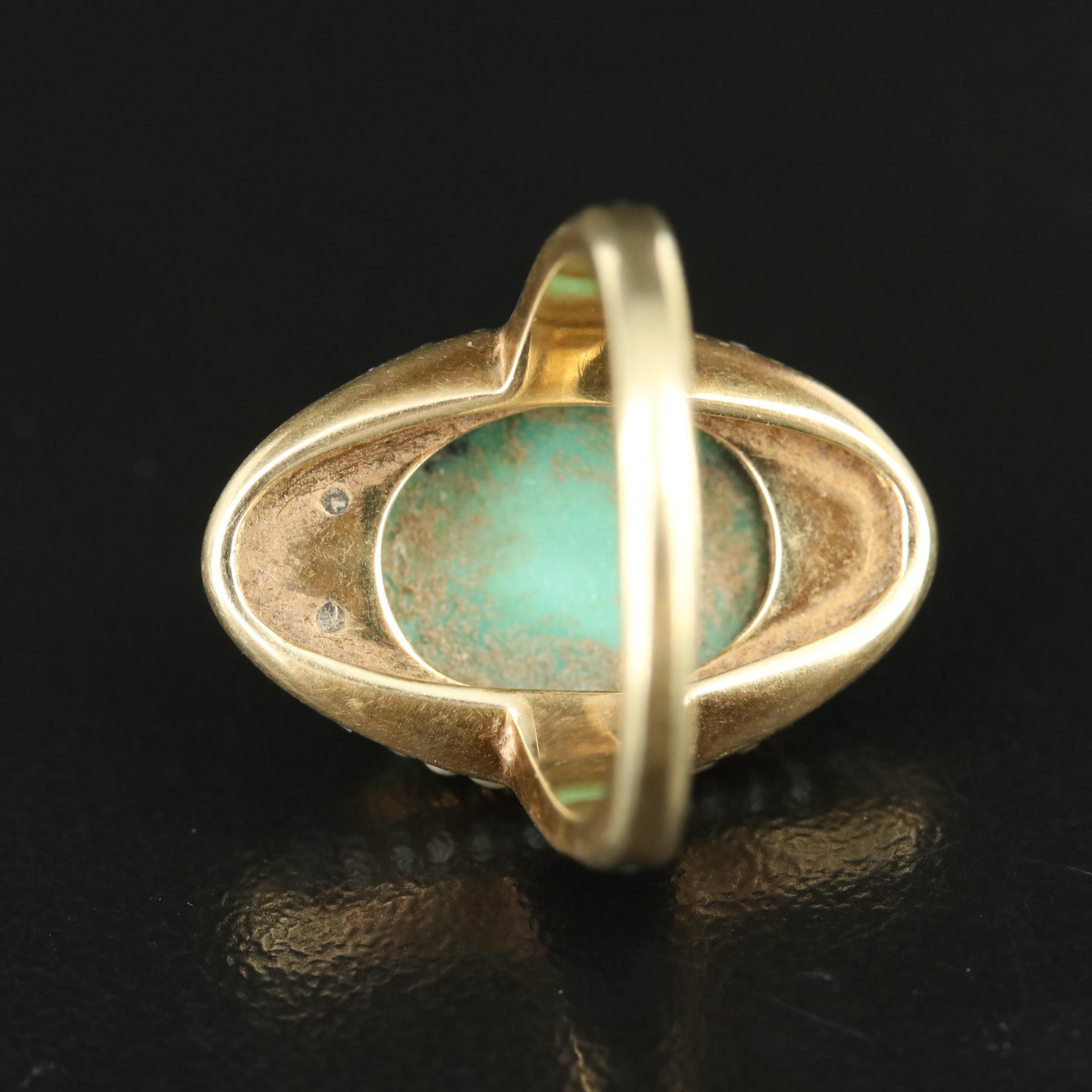Egyptian Revival 14K Turquoise, Seed Pearl and Enamel Ring