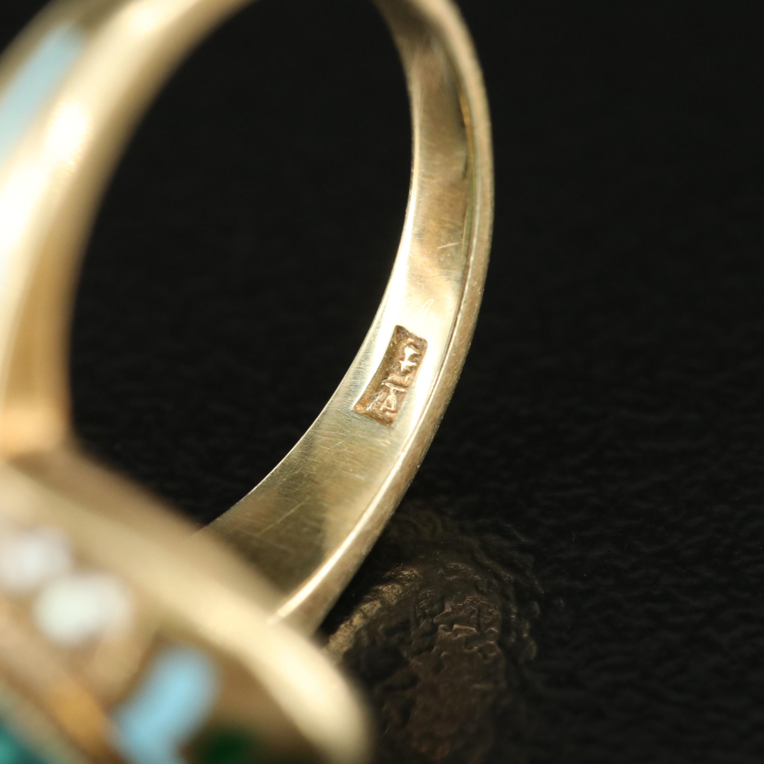 Egyptian Revival 14K Turquoise, Seed Pearl and Enamel Ring