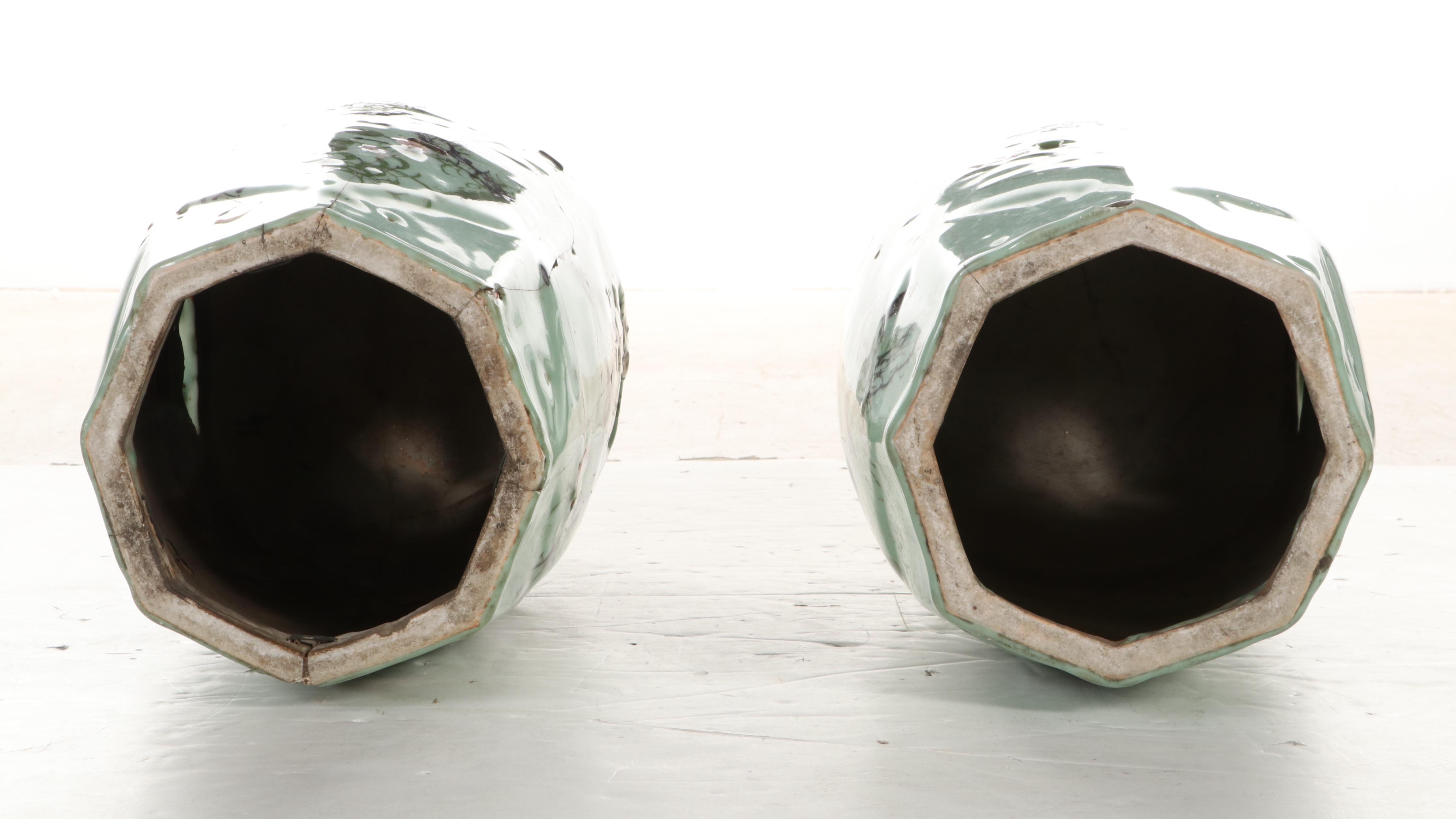 Pair of Famille Verte Applied Enamel Porcelain Garden Stools