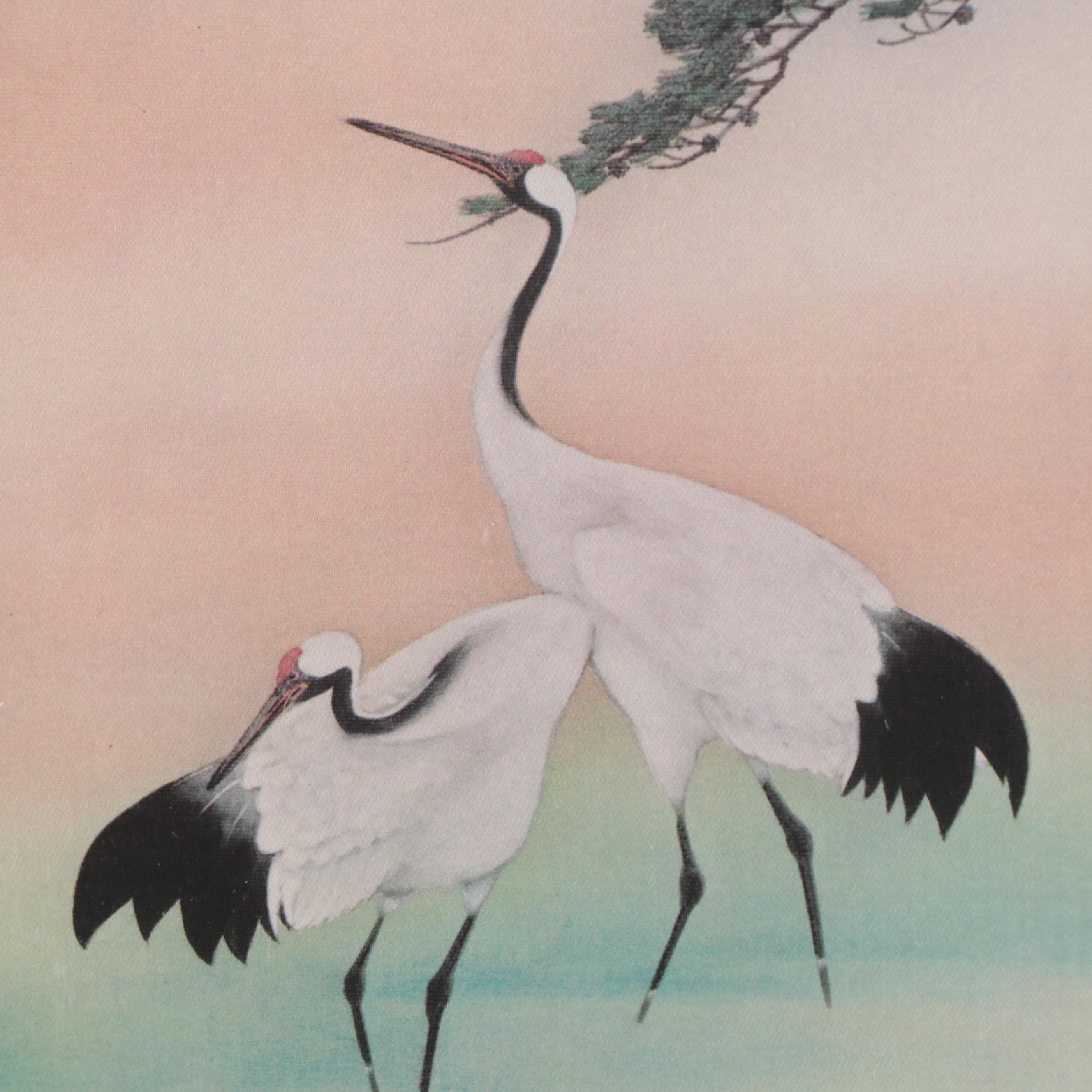 East Asian Offset Lithograph of Cranes