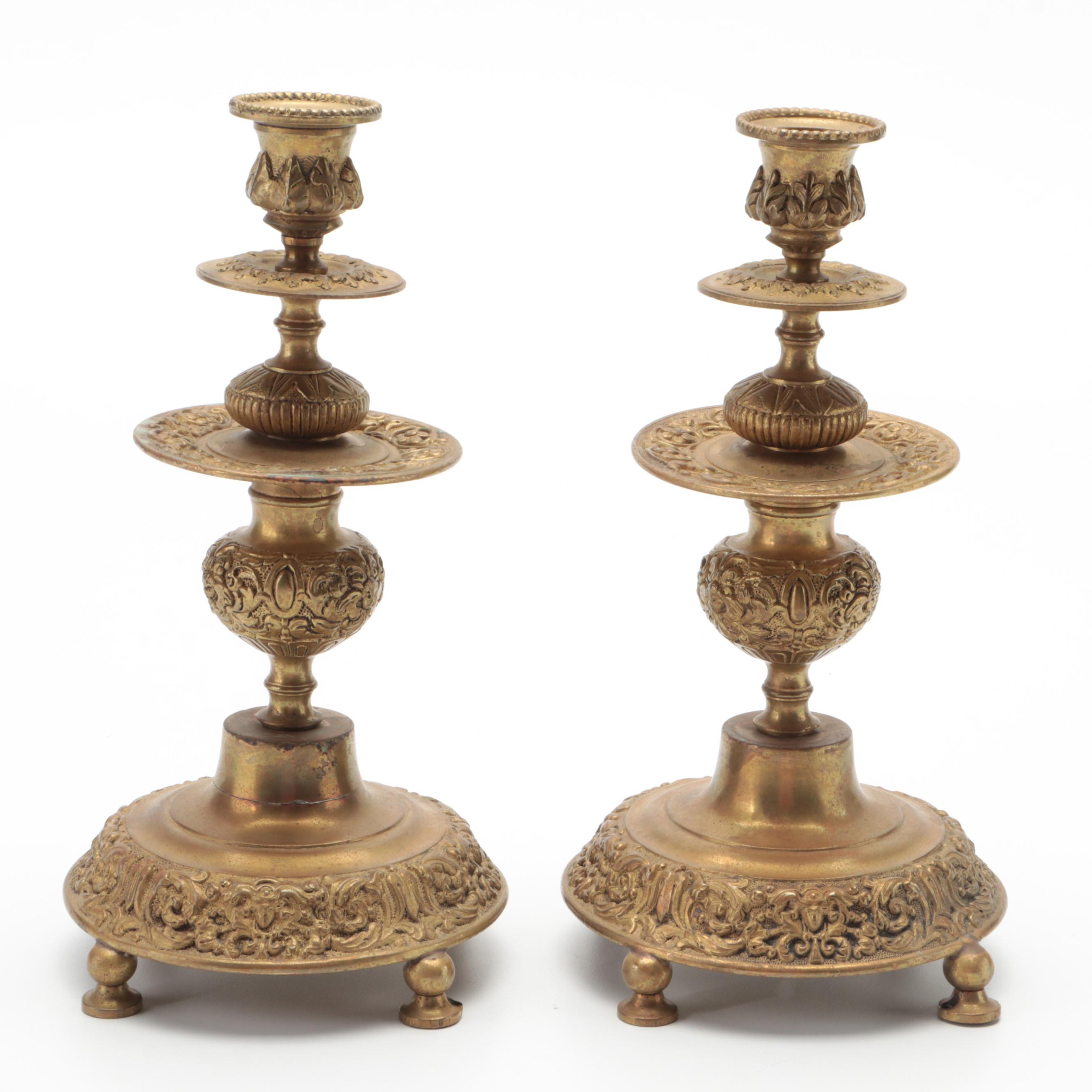 Continental European Baroque Revival Brass Altar Candlestick Pair