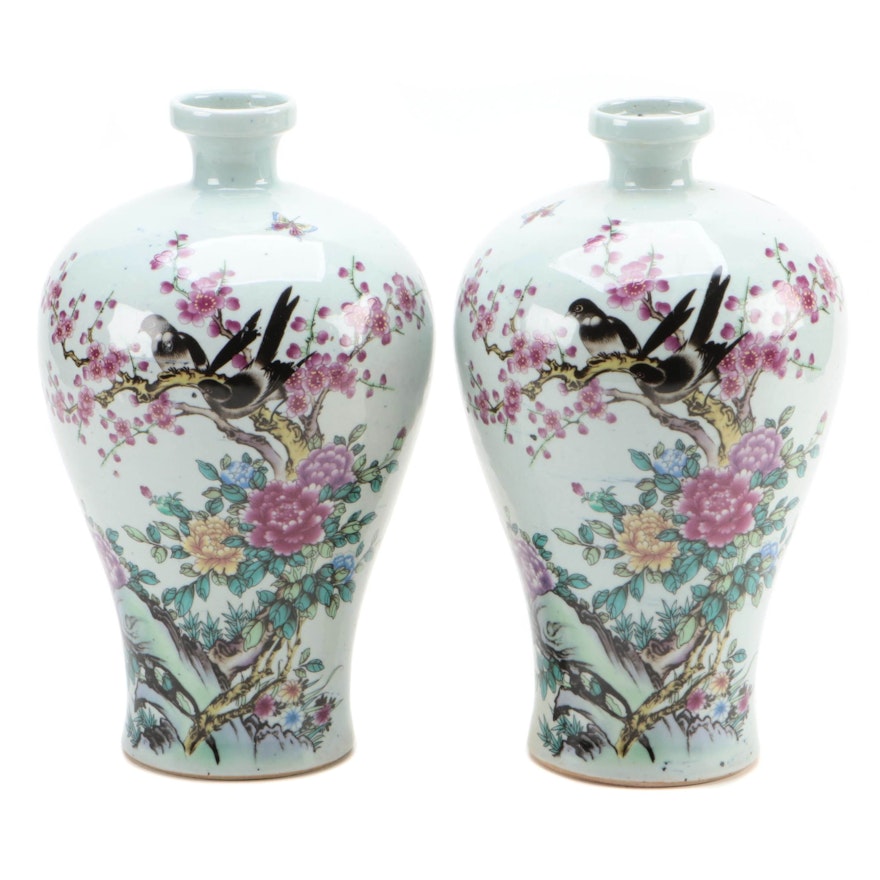 Chinese Hànzì and Garden Motif Transfer Decorated Porcelain Meiping Vases