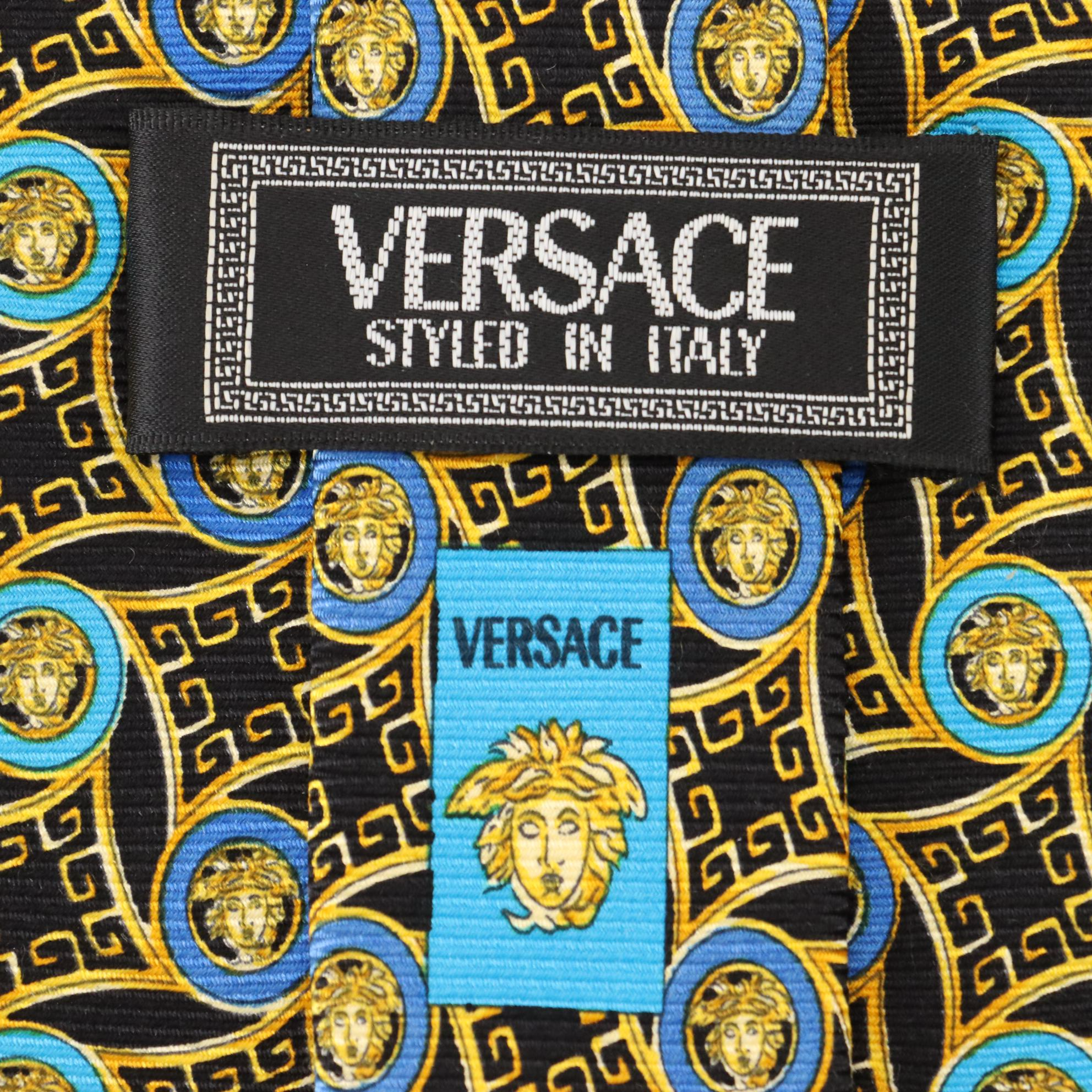 Gianni Versace Silk Necktie in Medusa Head Medallion and Greek Key Print