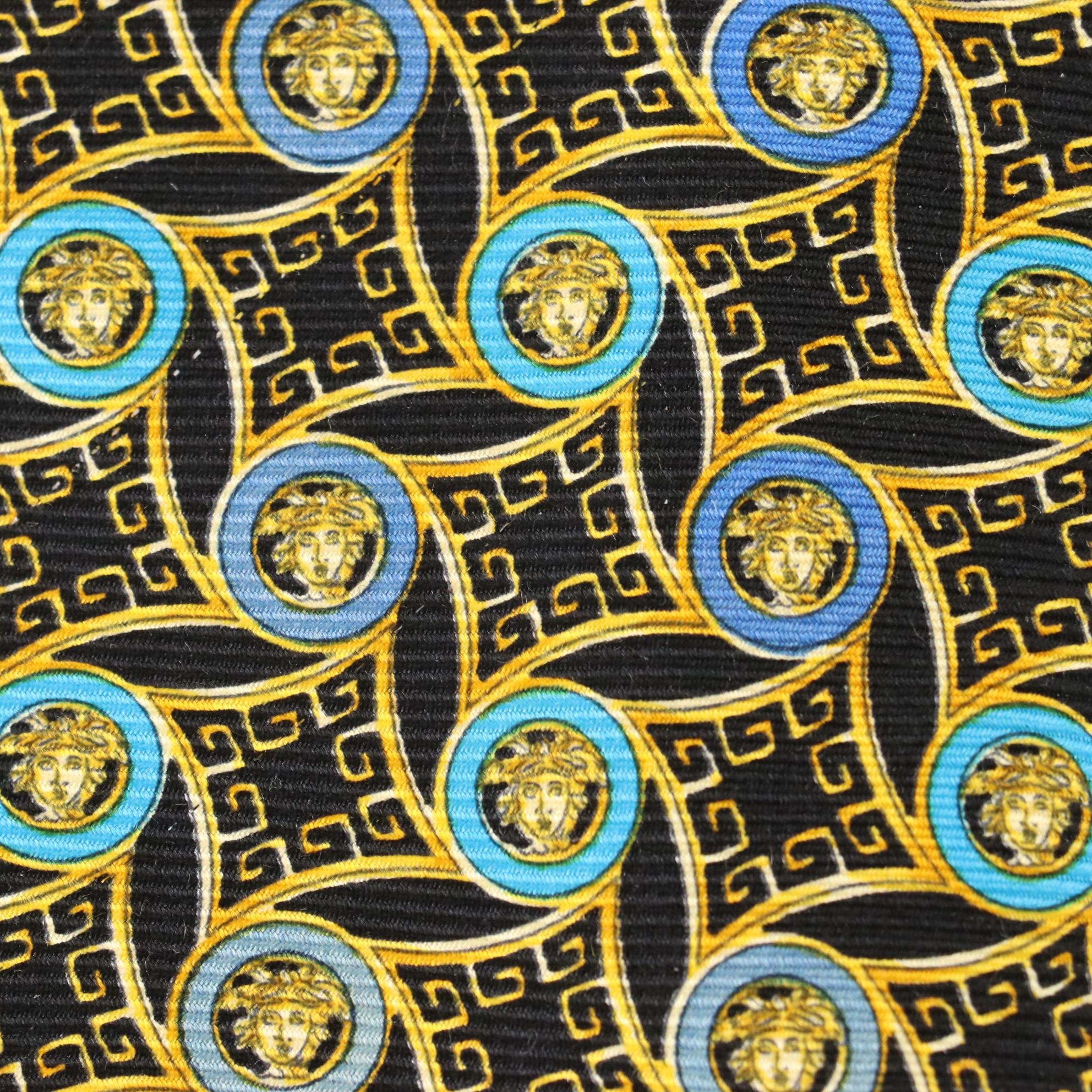 Gianni Versace Silk Necktie in Medusa Head Medallion and Greek Key Print