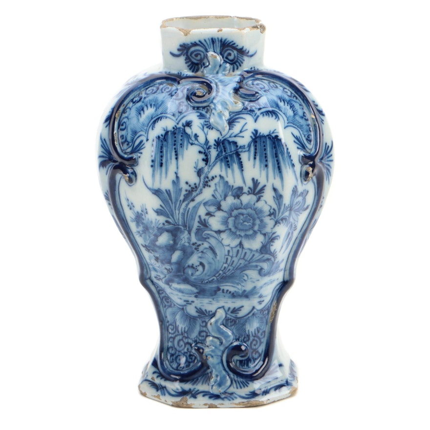 Delft Blue and White Glazed Earthenware Vase, 19th Century