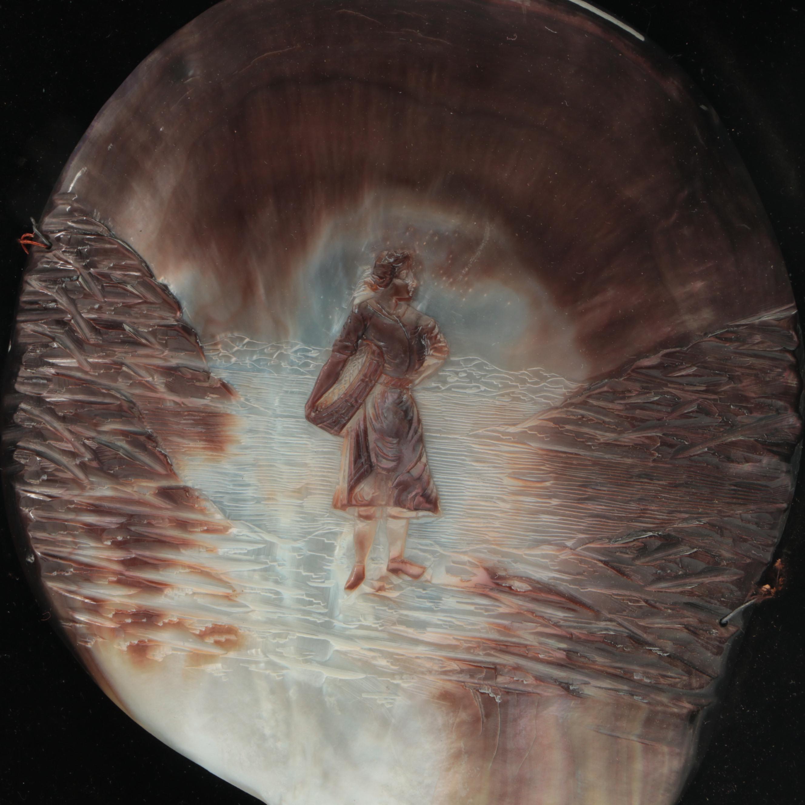 Carved Shell Relief Seascape with Fisherwoman in Shadowbox Frame
