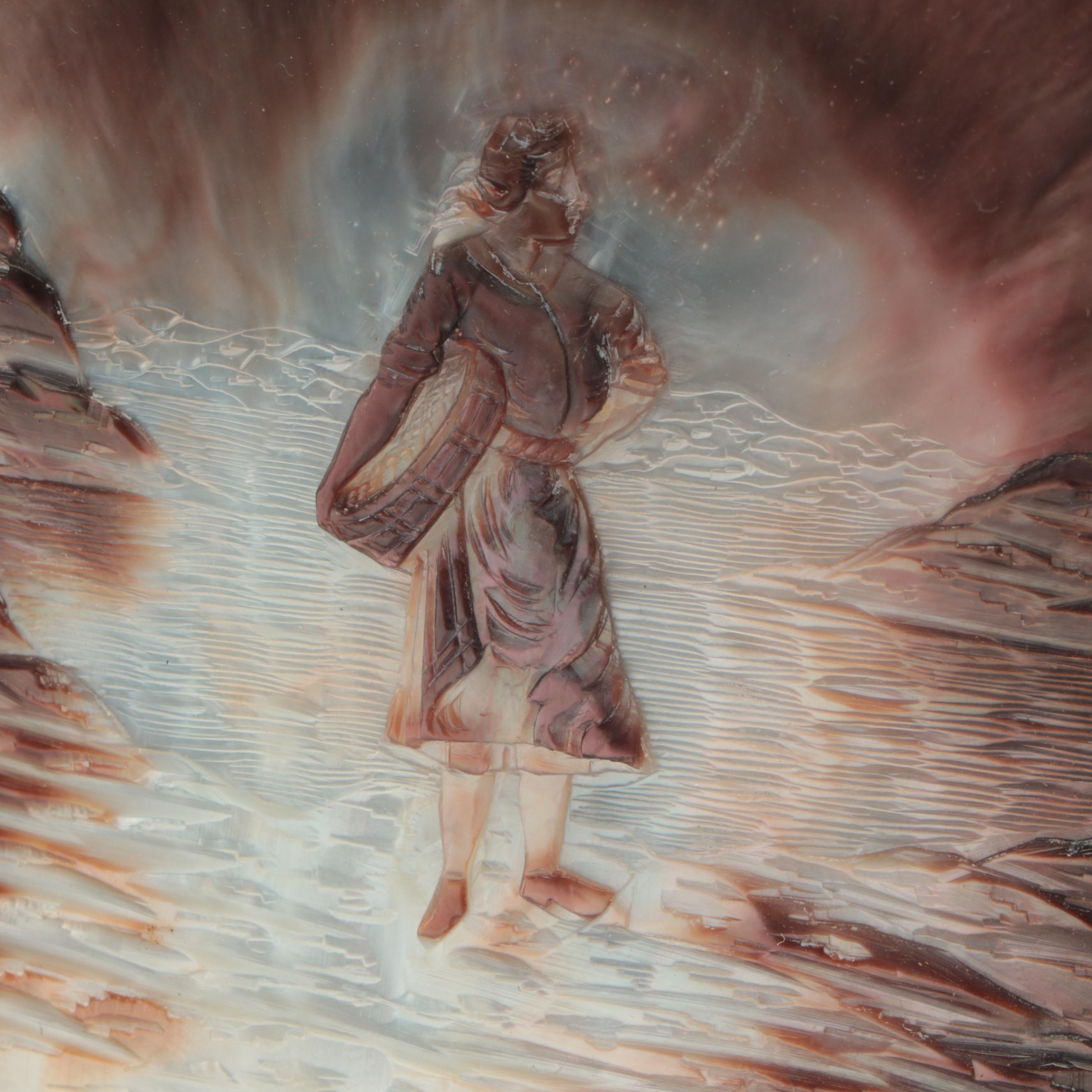 Carved Shell Relief Seascape with Fisherwoman in Shadowbox Frame