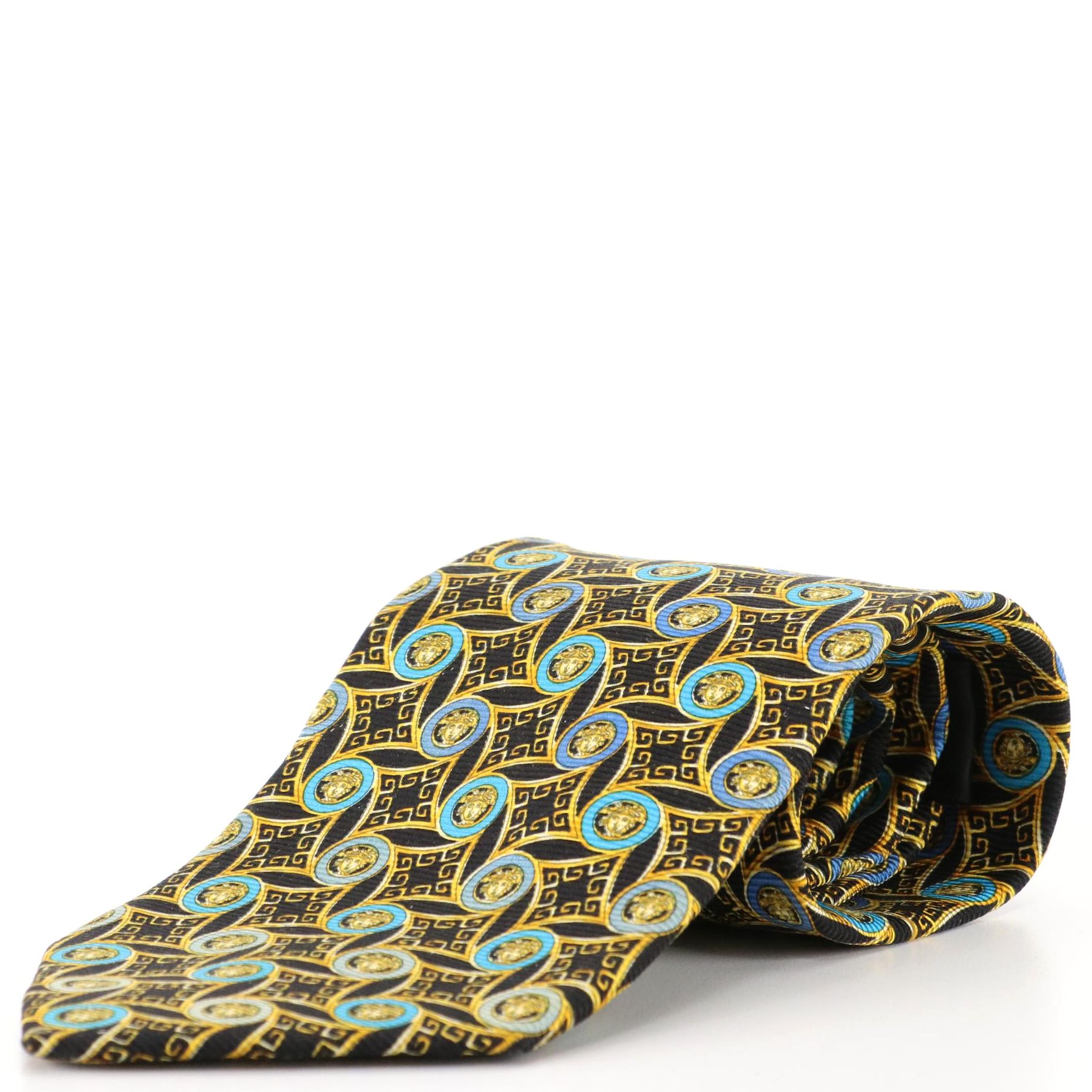 Gianni Versace Silk Necktie in Medusa Head Medallion and Greek Key Print