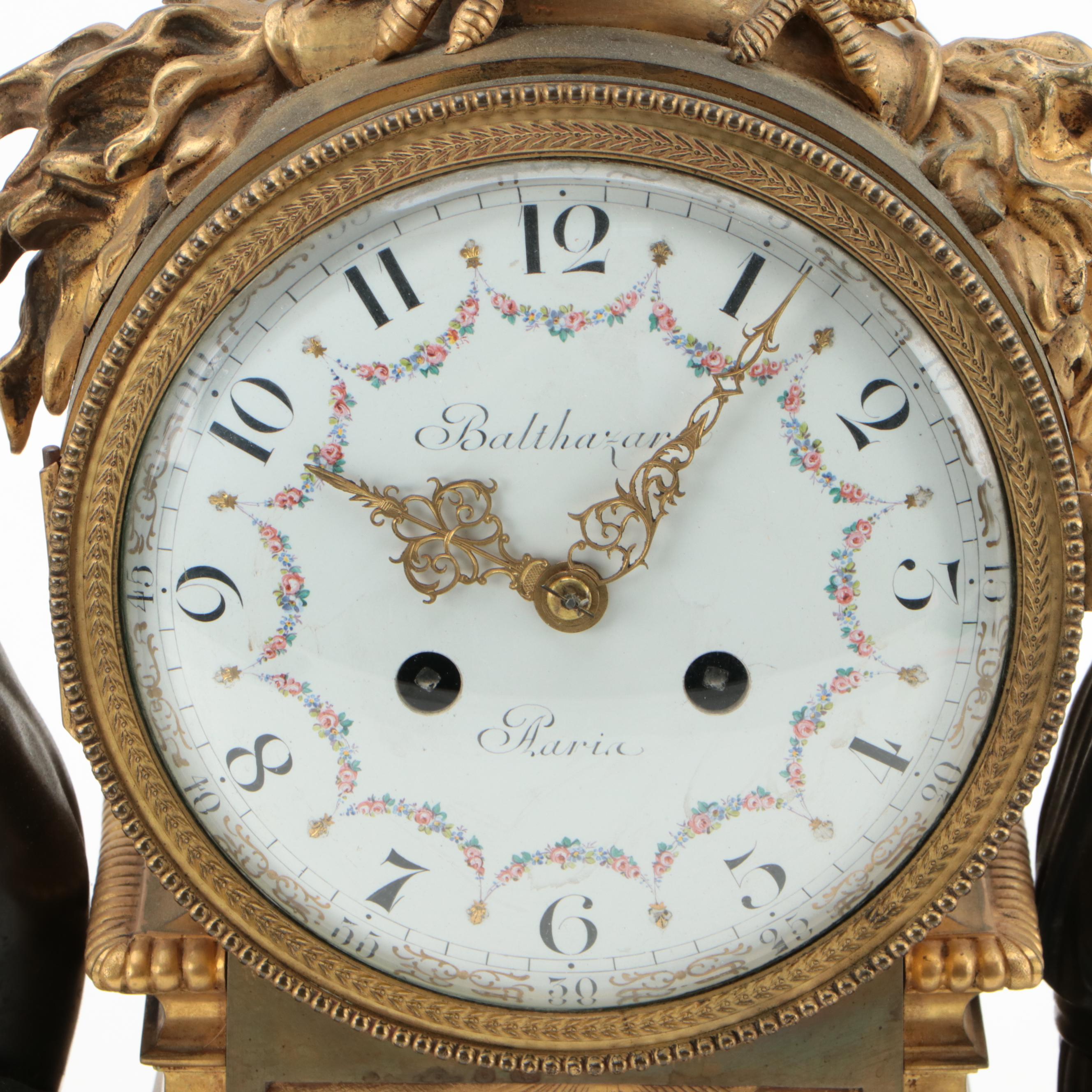 French Louis XVI Style Gilt Bronze, Bronze and Marble Allegorical Mantel Clock