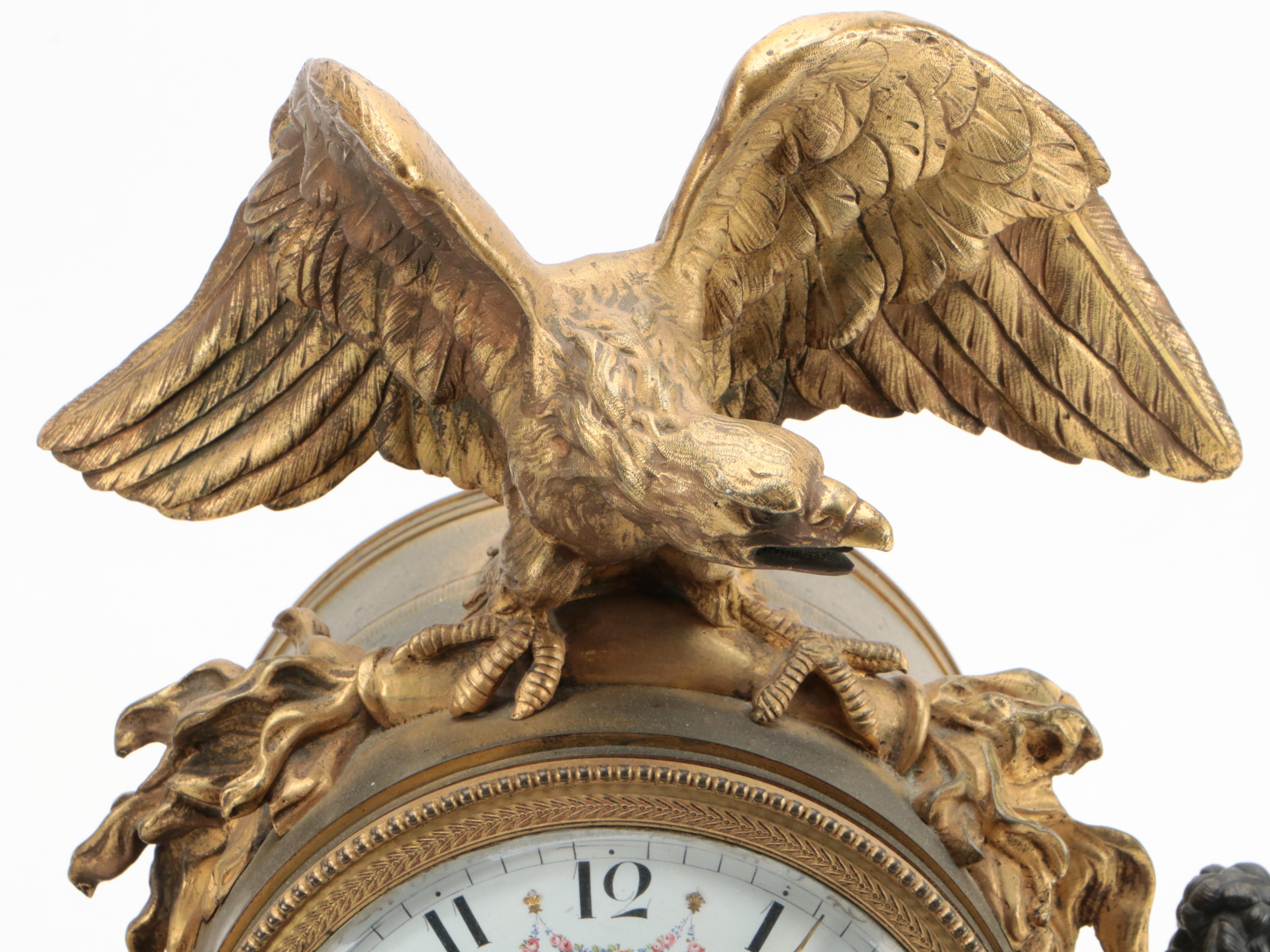 French Louis XVI Style Gilt Bronze, Bronze and Marble Allegorical Mantel Clock