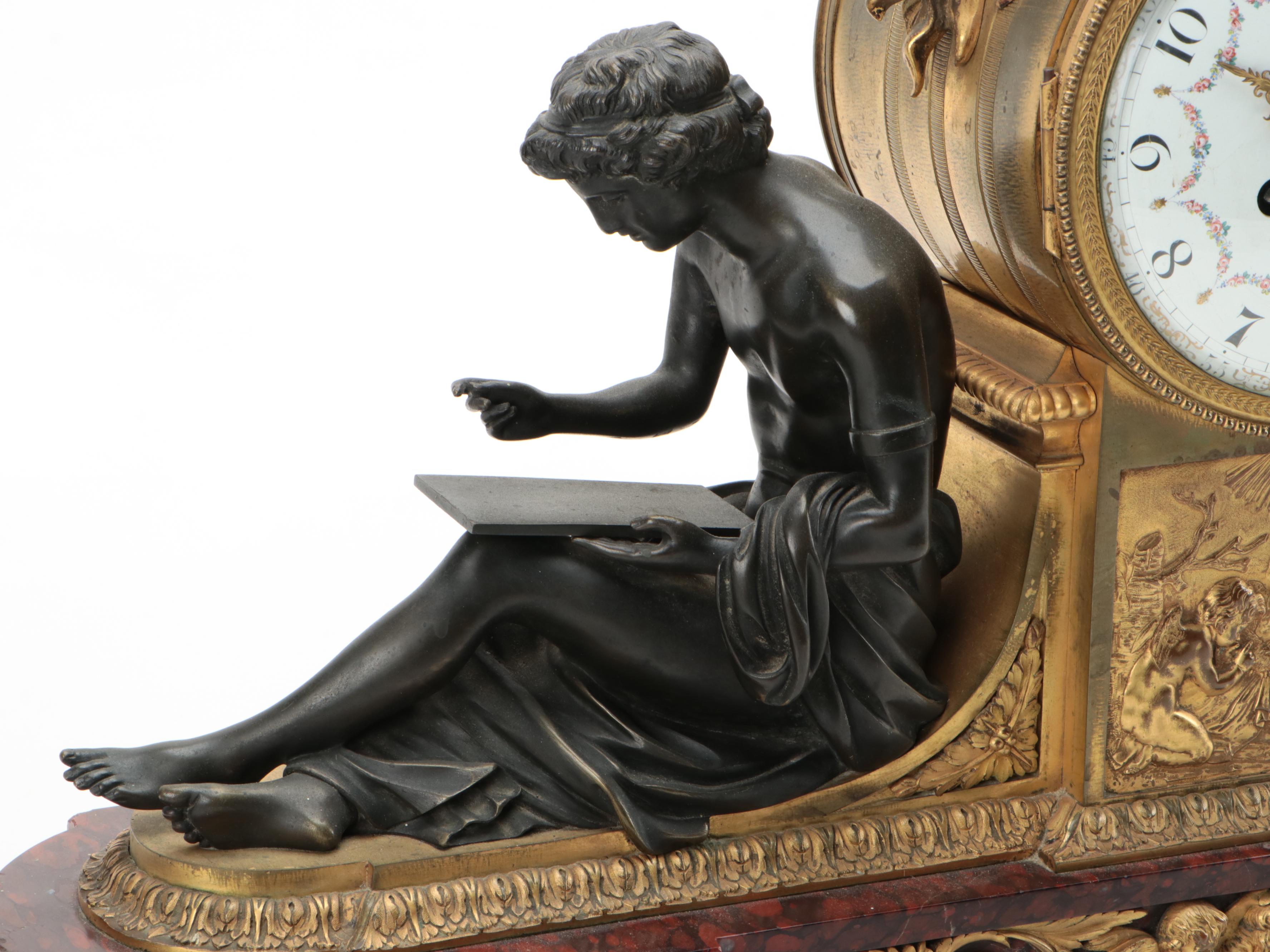 French Louis XVI Style Gilt Bronze, Bronze and Marble Allegorical Mantel Clock