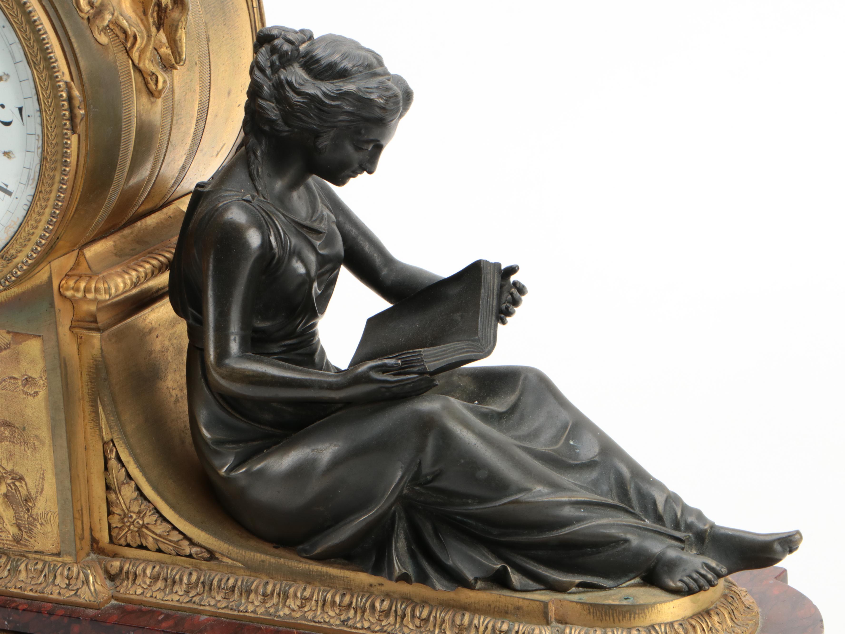 French Louis XVI Style Gilt Bronze, Bronze and Marble Allegorical Mantel Clock