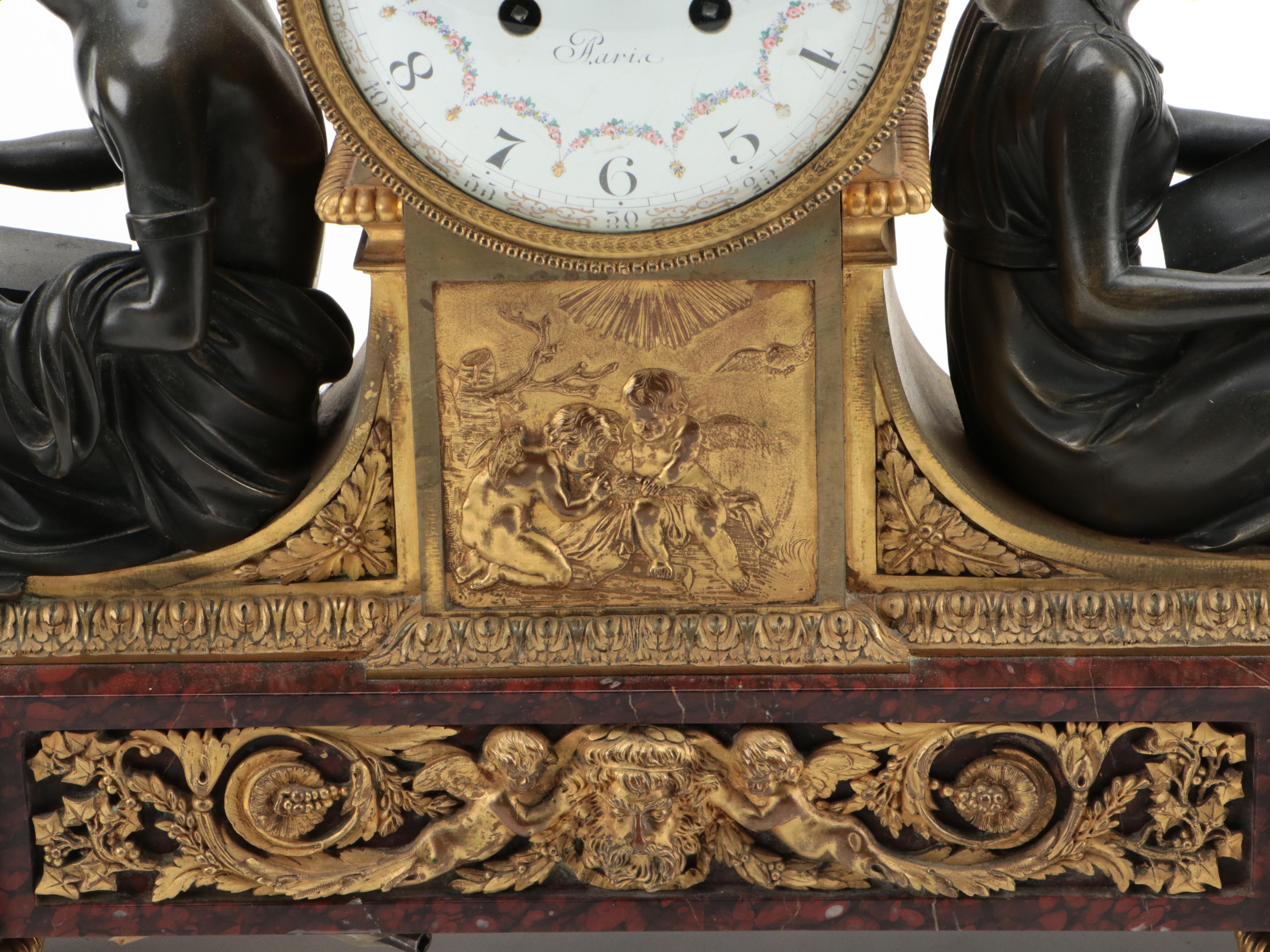 French Louis XVI Style Gilt Bronze, Bronze and Marble Allegorical Mantel Clock