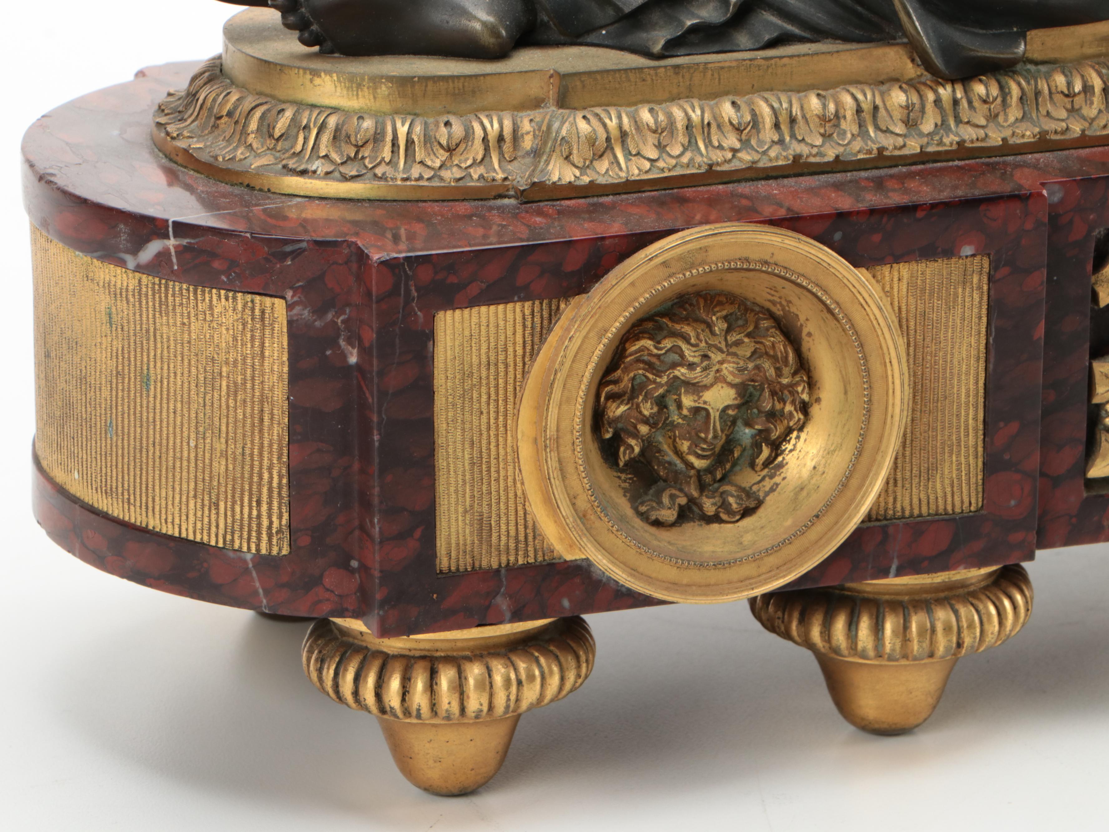 French Louis XVI Style Gilt Bronze, Bronze and Marble Allegorical Mantel Clock