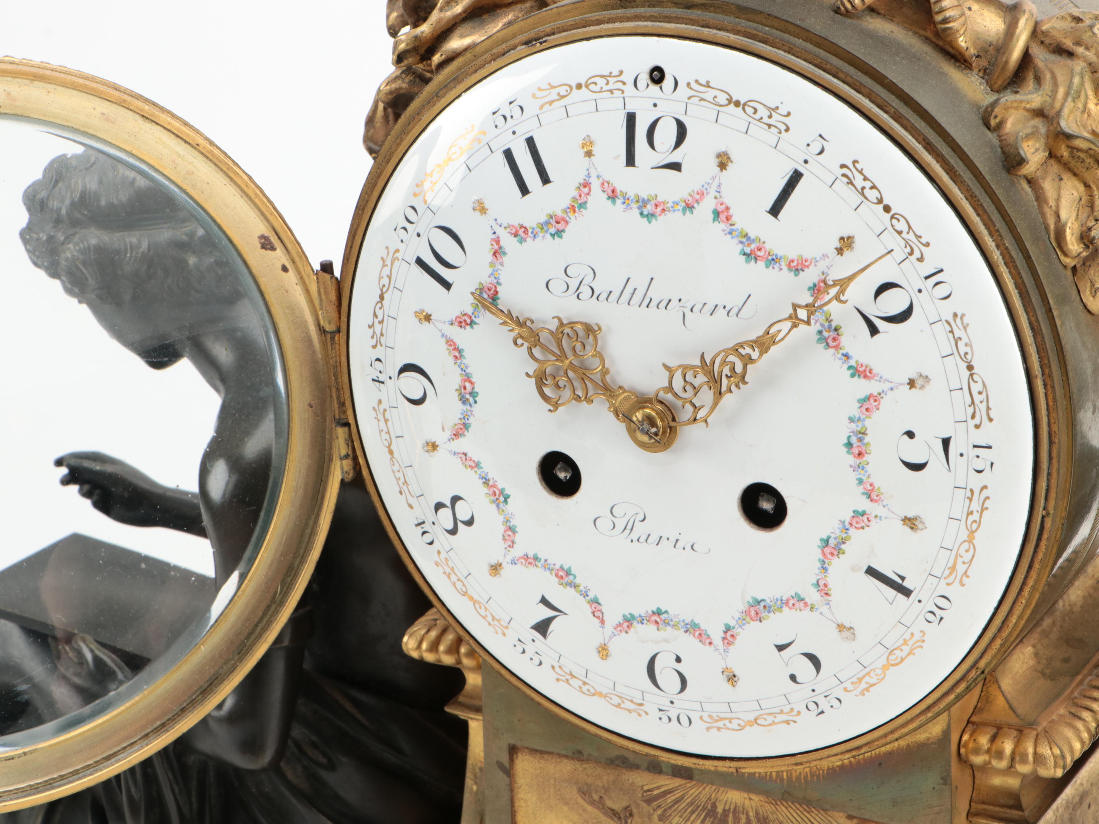 French Louis XVI Style Gilt Bronze, Bronze and Marble Allegorical Mantel Clock