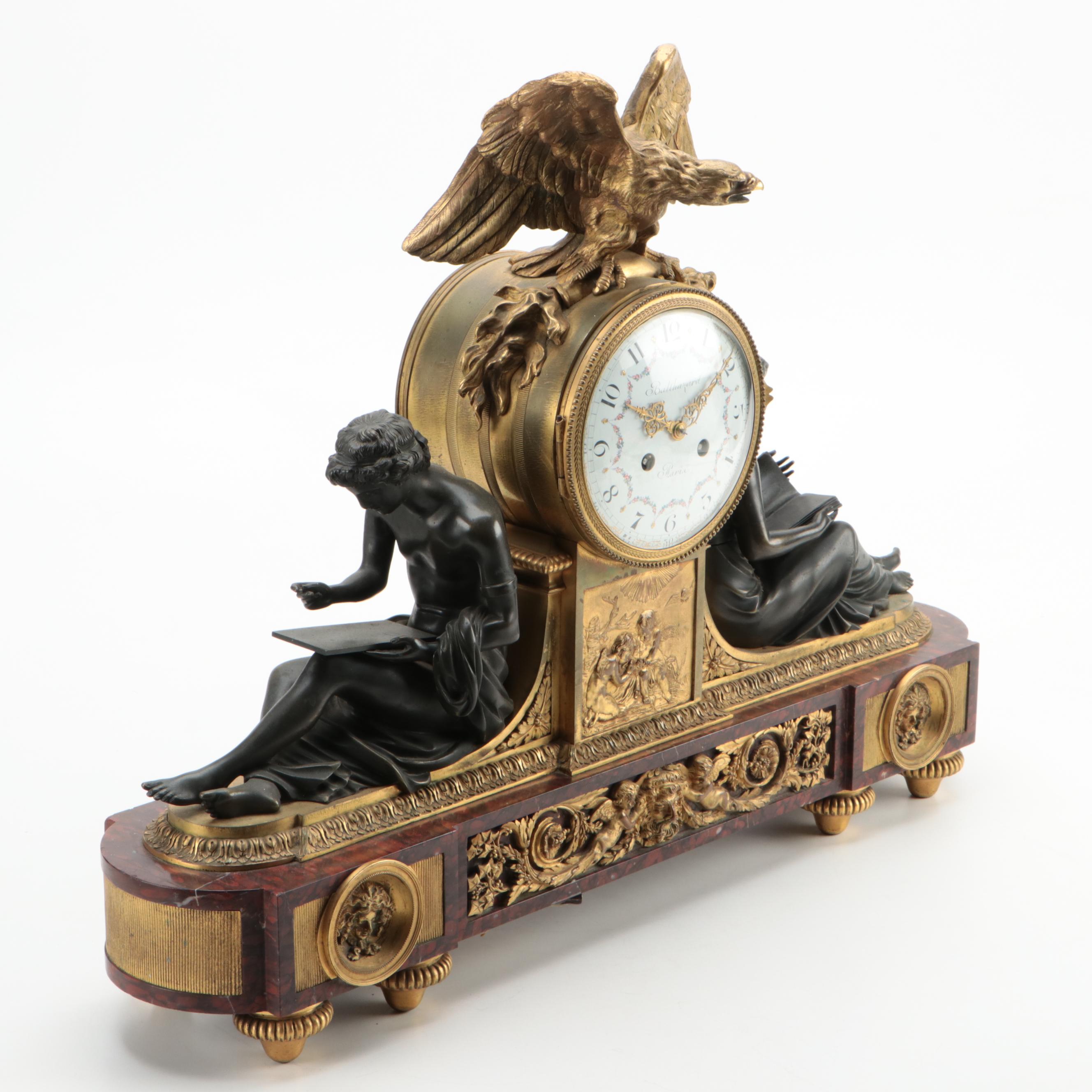 French Louis XVI Style Gilt Bronze, Bronze and Marble Allegorical Mantel Clock