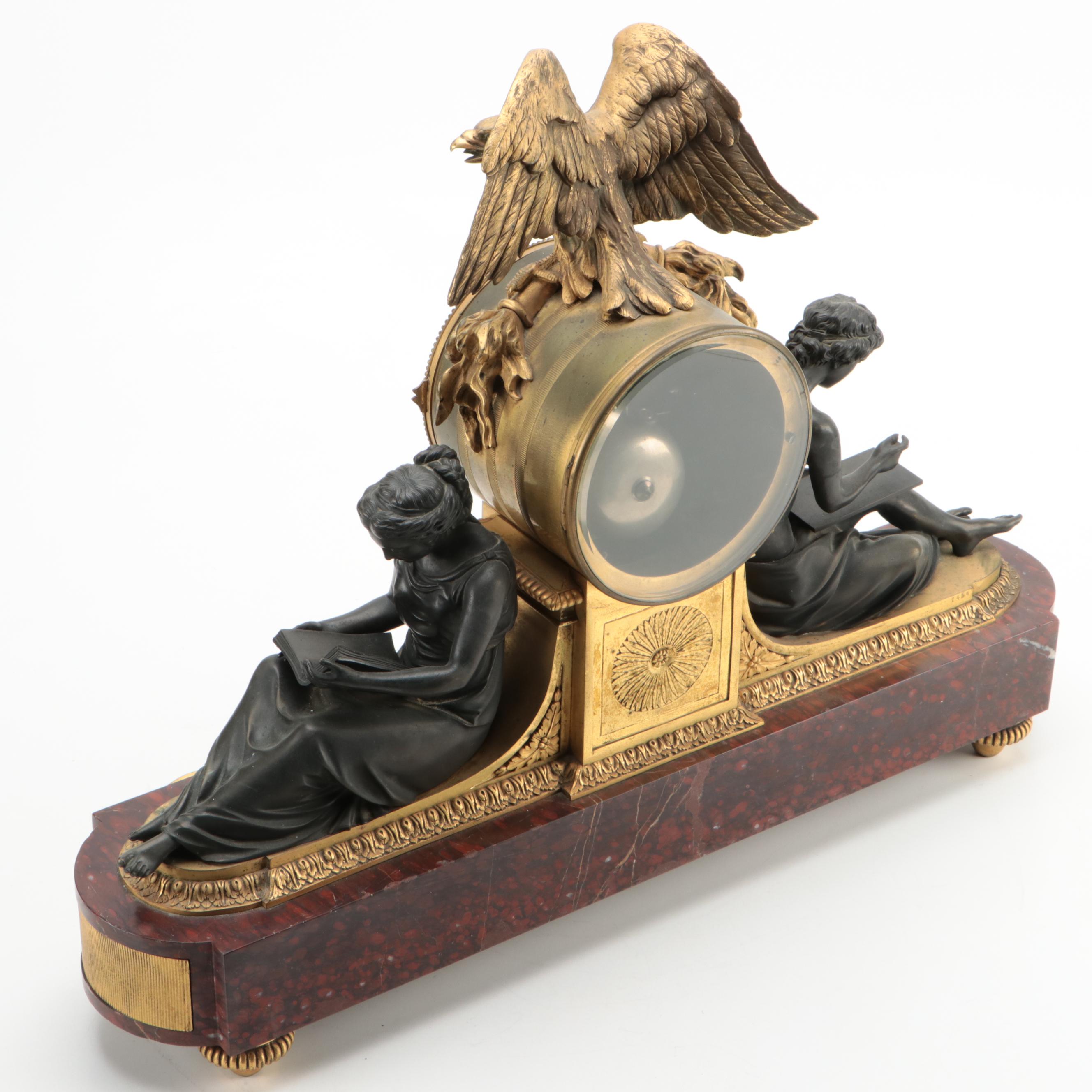 French Louis XVI Style Gilt Bronze, Bronze and Marble Allegorical Mantel Clock