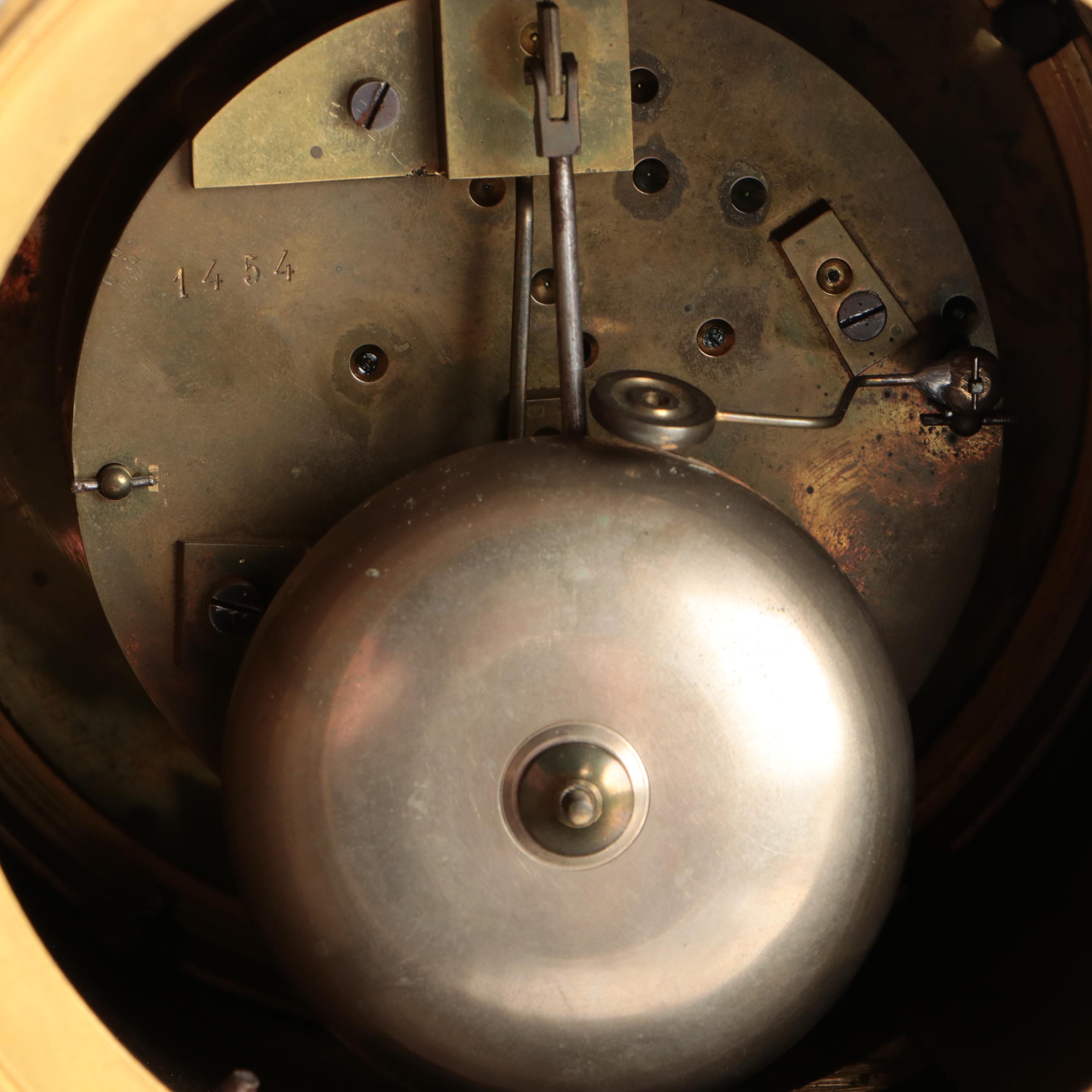 French Louis XVI Style Gilt Bronze, Bronze and Marble Allegorical Mantel Clock