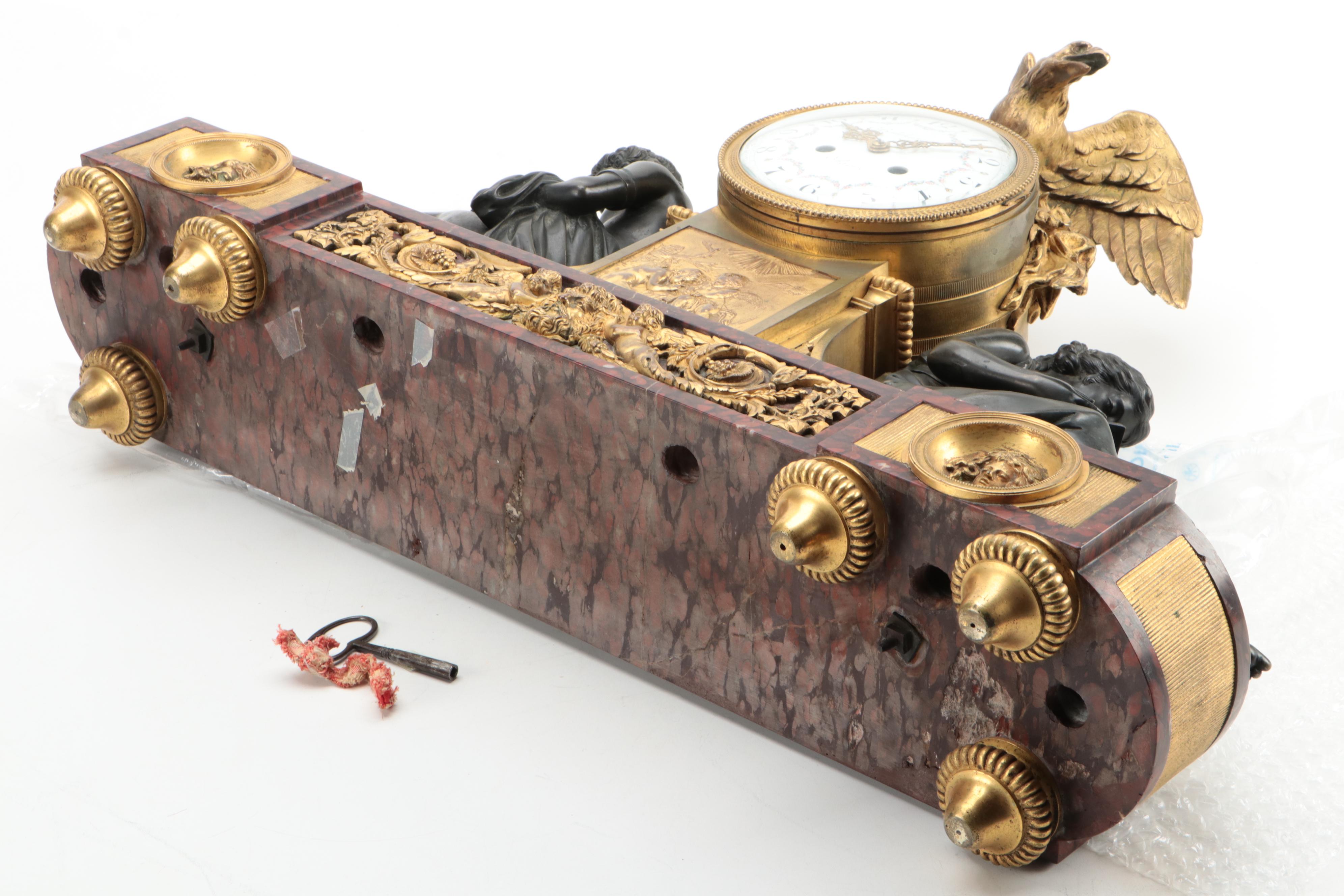 French Louis XVI Style Gilt Bronze, Bronze and Marble Allegorical Mantel Clock