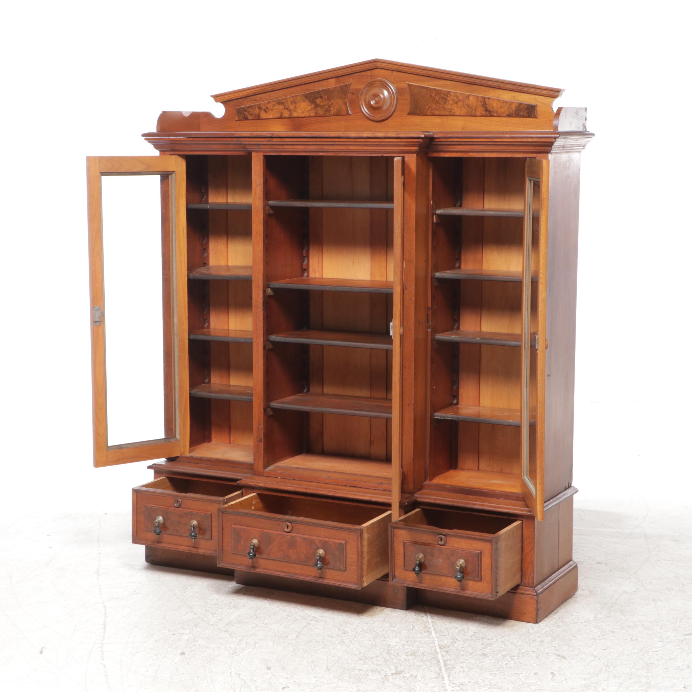 Victorian Walnut and Burl Walnut Glass-Front Bookcase, Late 19th Century