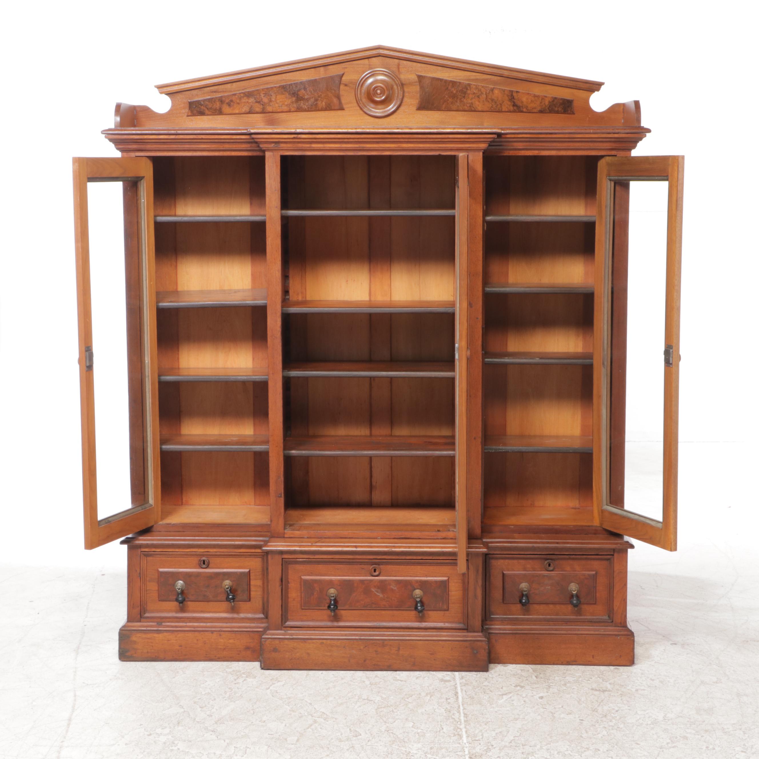 Victorian Walnut and Burl Walnut Glass-Front Bookcase, Late 19th Century