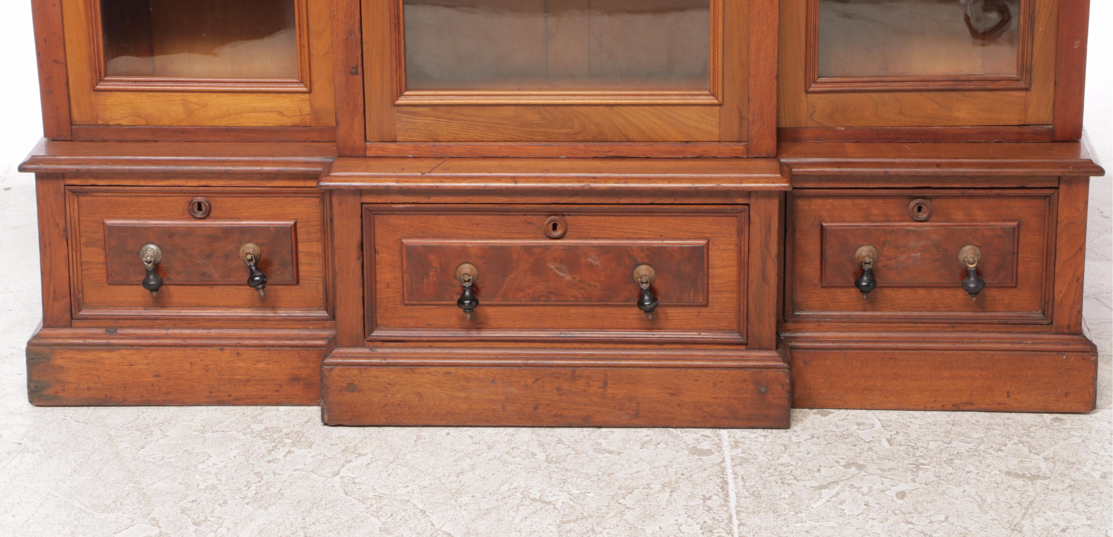 Victorian Walnut and Burl Walnut Glass-Front Bookcase, Late 19th Century