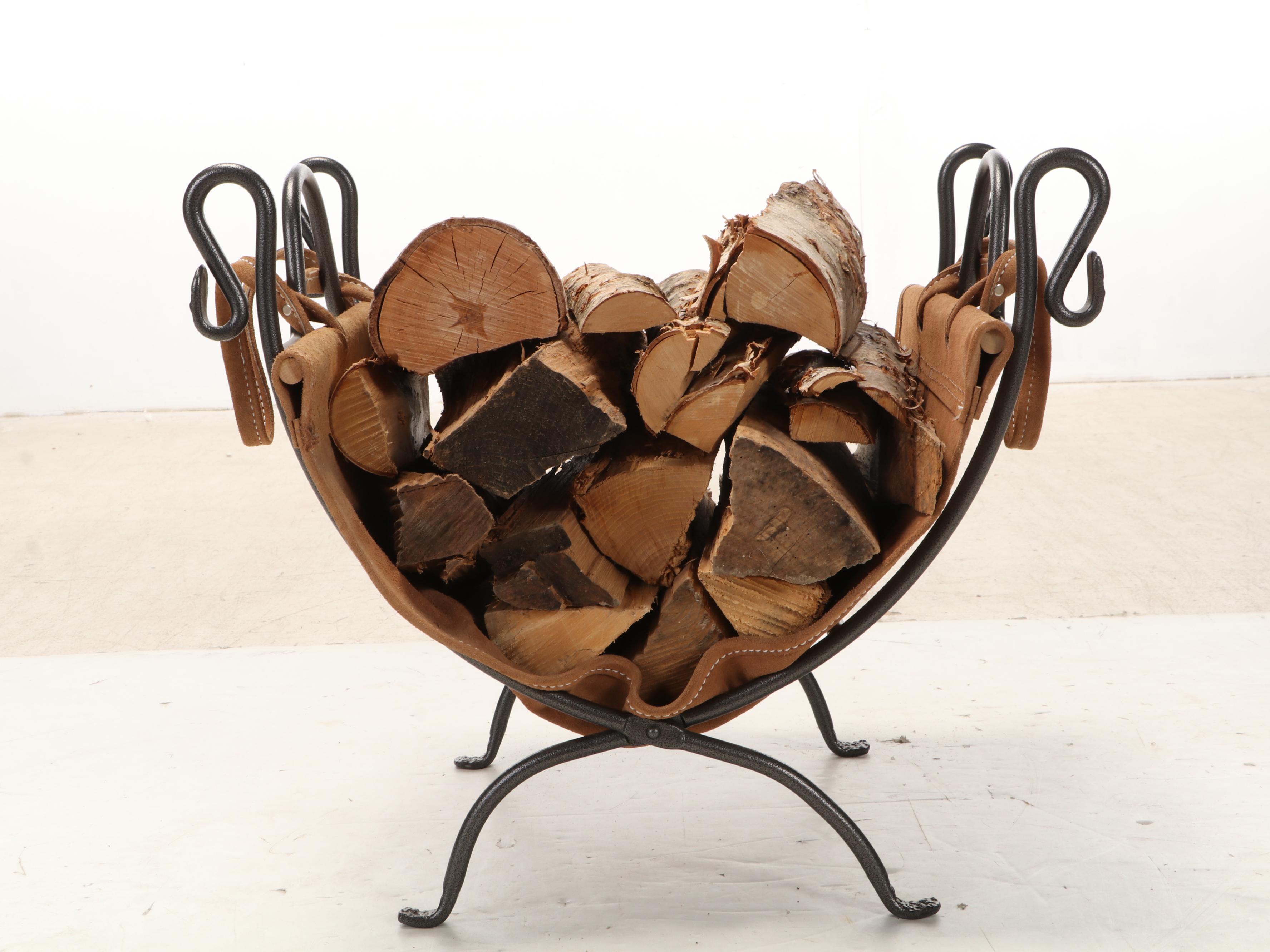 Leather and Wrought Iron Firewood Log Carrier and Stand