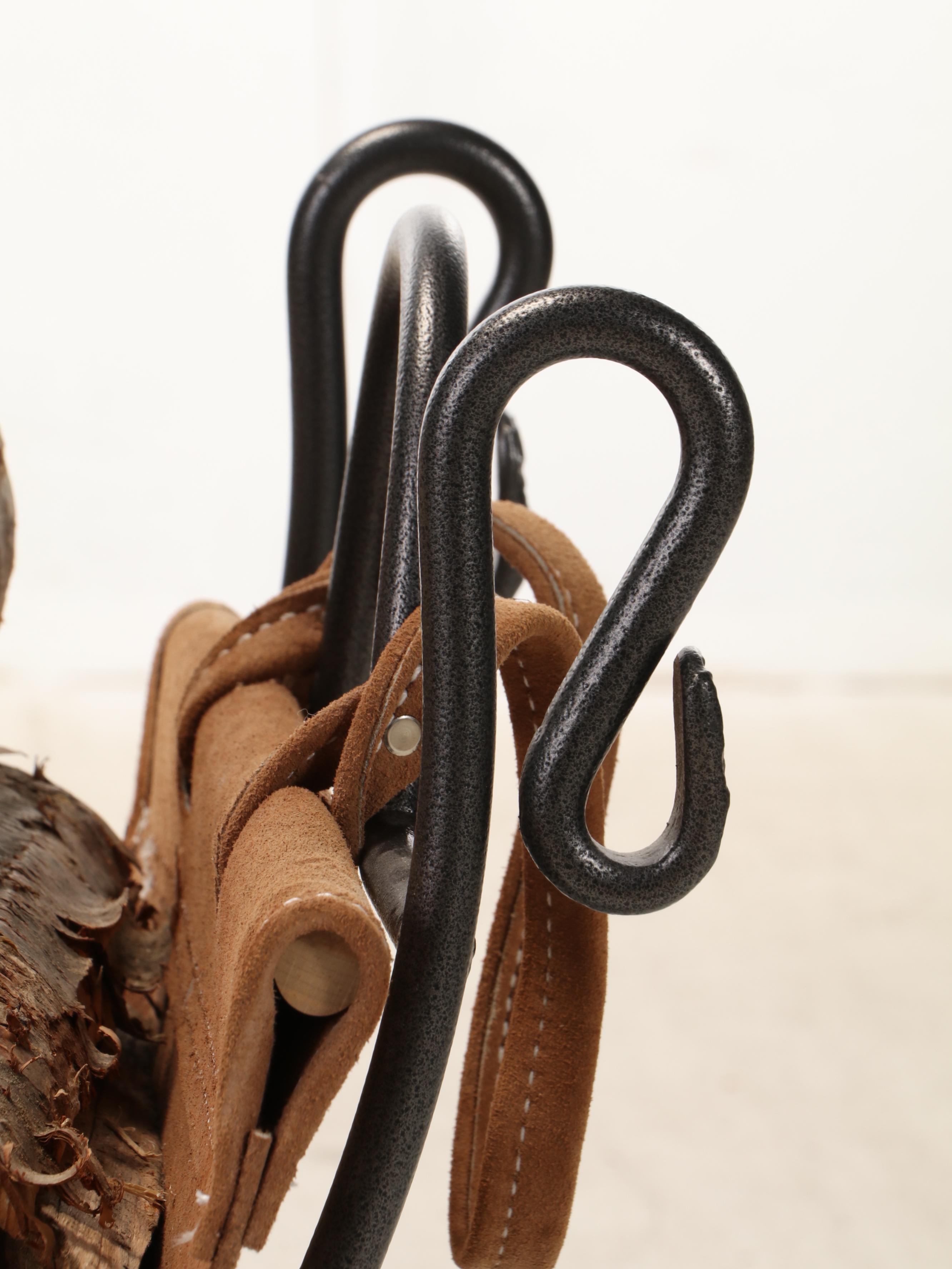 Leather and Wrought Iron Firewood Log Carrier and Stand