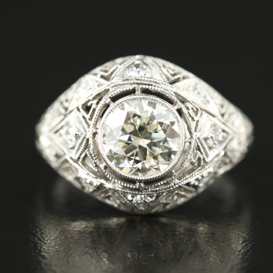 Art Deco Platinum 1.23 CTW Diamond Openwork Dome Ring with Milgrain Detail