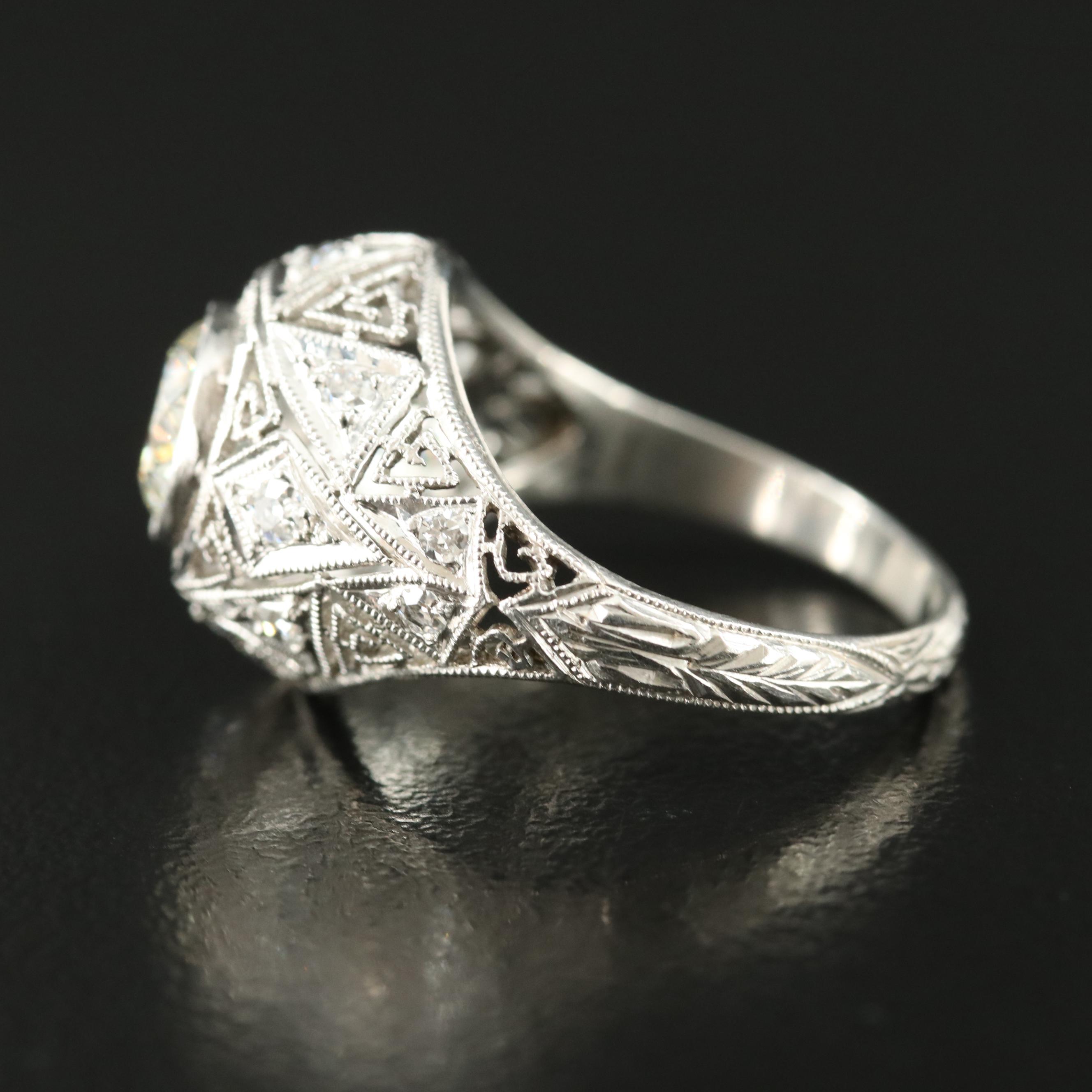 Art Deco Platinum 1.23 CTW Diamond Openwork Dome Ring with Milgrain Detail