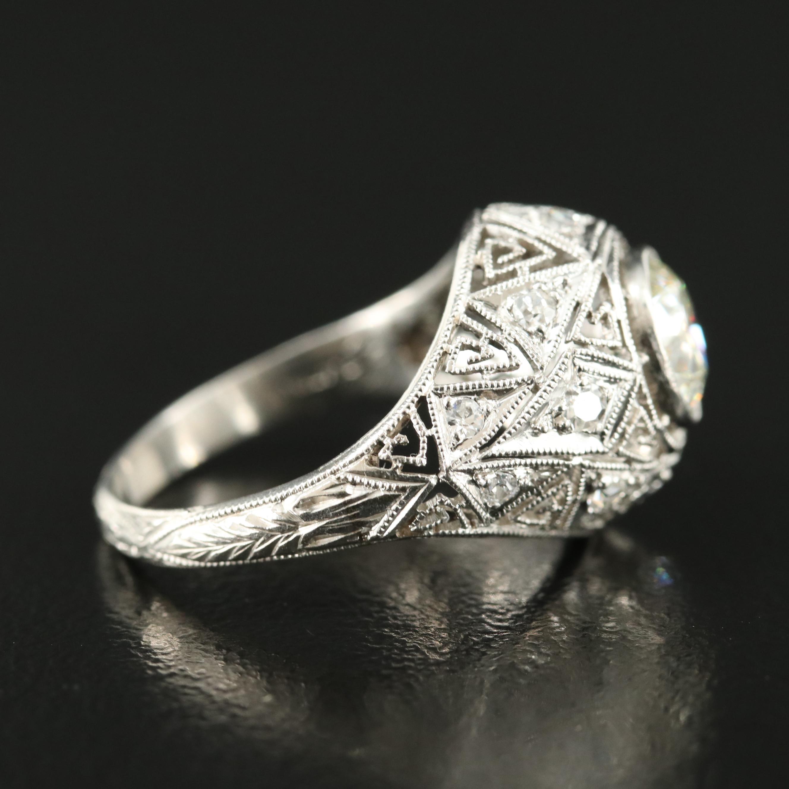 Art Deco Platinum 1.23 CTW Diamond Openwork Dome Ring with Milgrain Detail