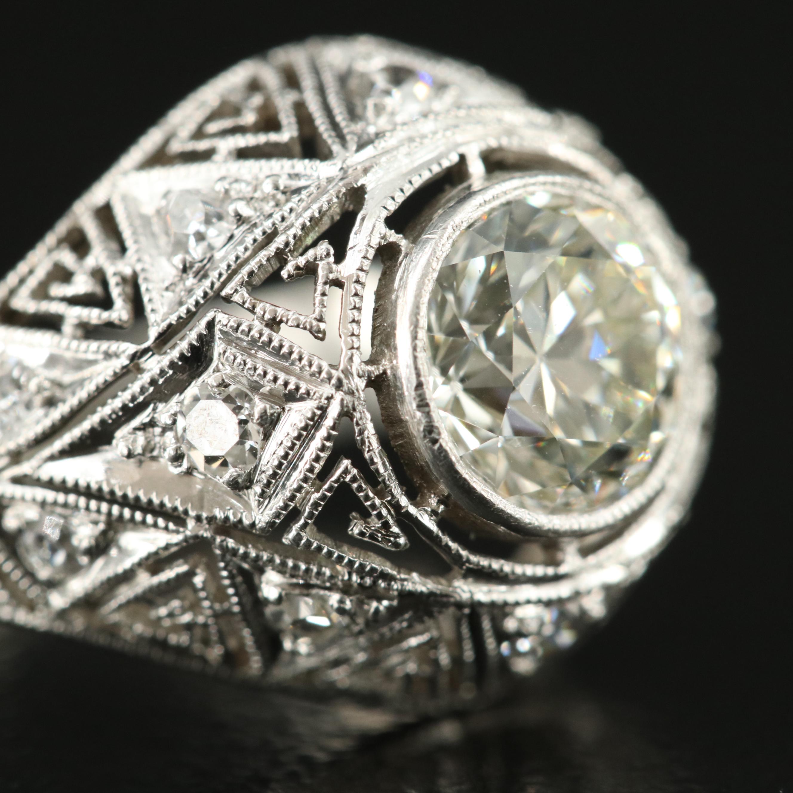 Art Deco Platinum 1.23 CTW Diamond Openwork Dome Ring with Milgrain Detail
