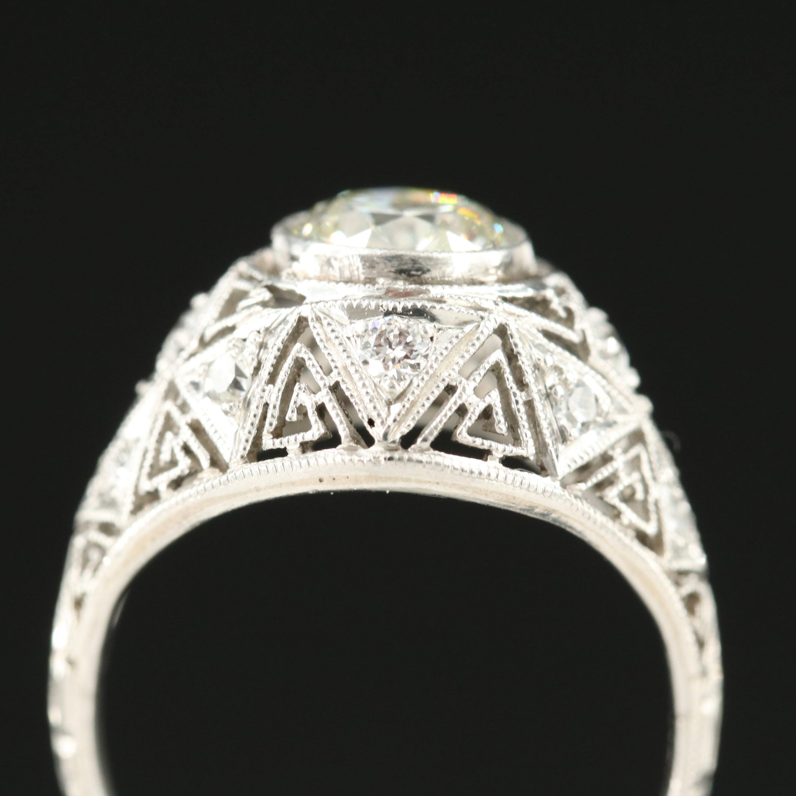 Art Deco Platinum 1.23 CTW Diamond Openwork Dome Ring with Milgrain Detail