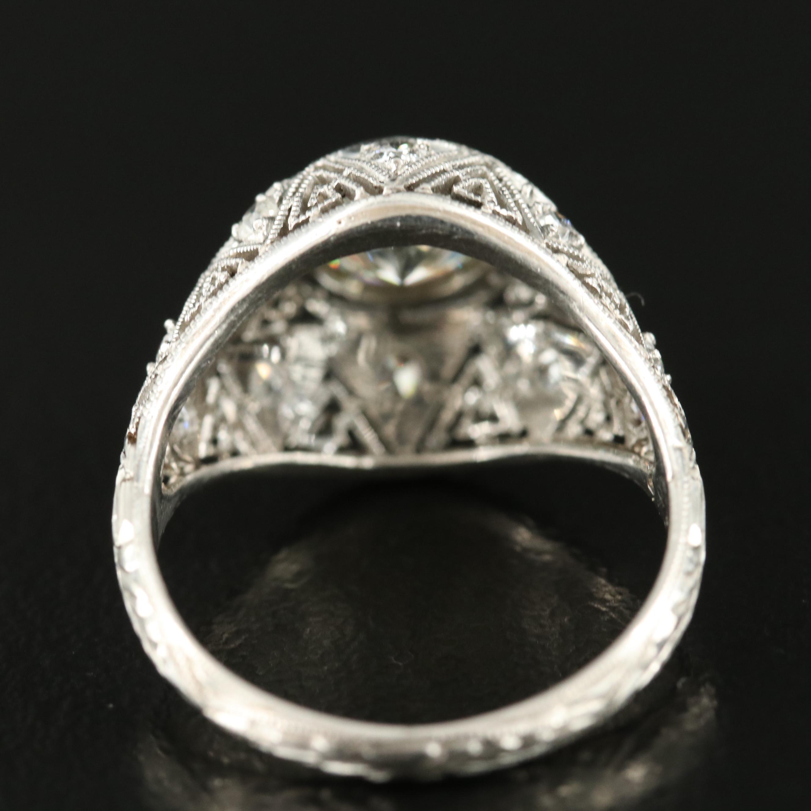 Art Deco Platinum 1.23 CTW Diamond Openwork Dome Ring with Milgrain Detail