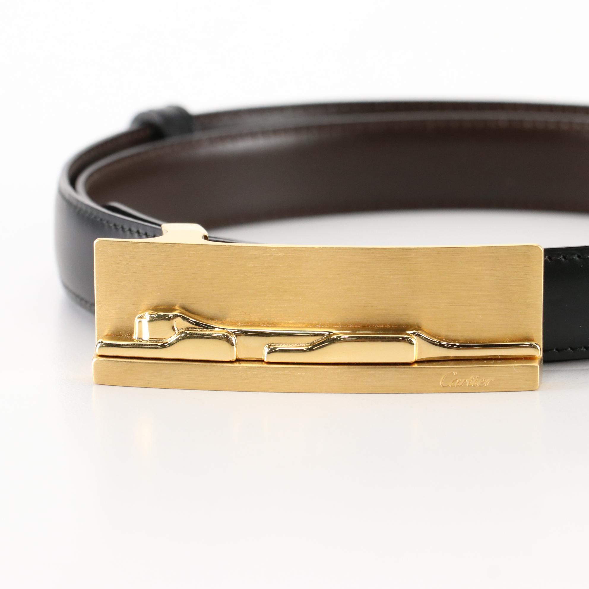 Cartier Panthère Buckle Reversible Belt in Brown/Black Calfskin Leather with Box