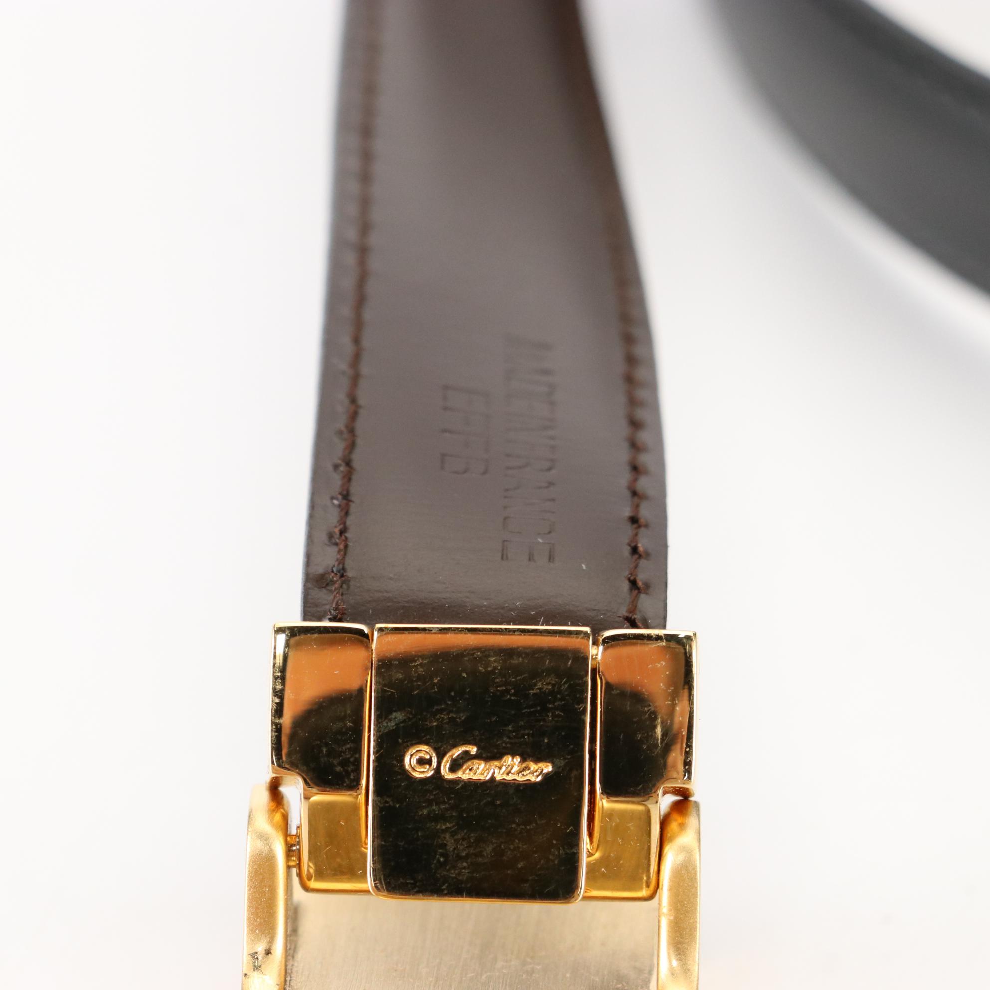 Cartier Panthère Buckle Reversible Belt in Brown/Black Calfskin Leather with Box