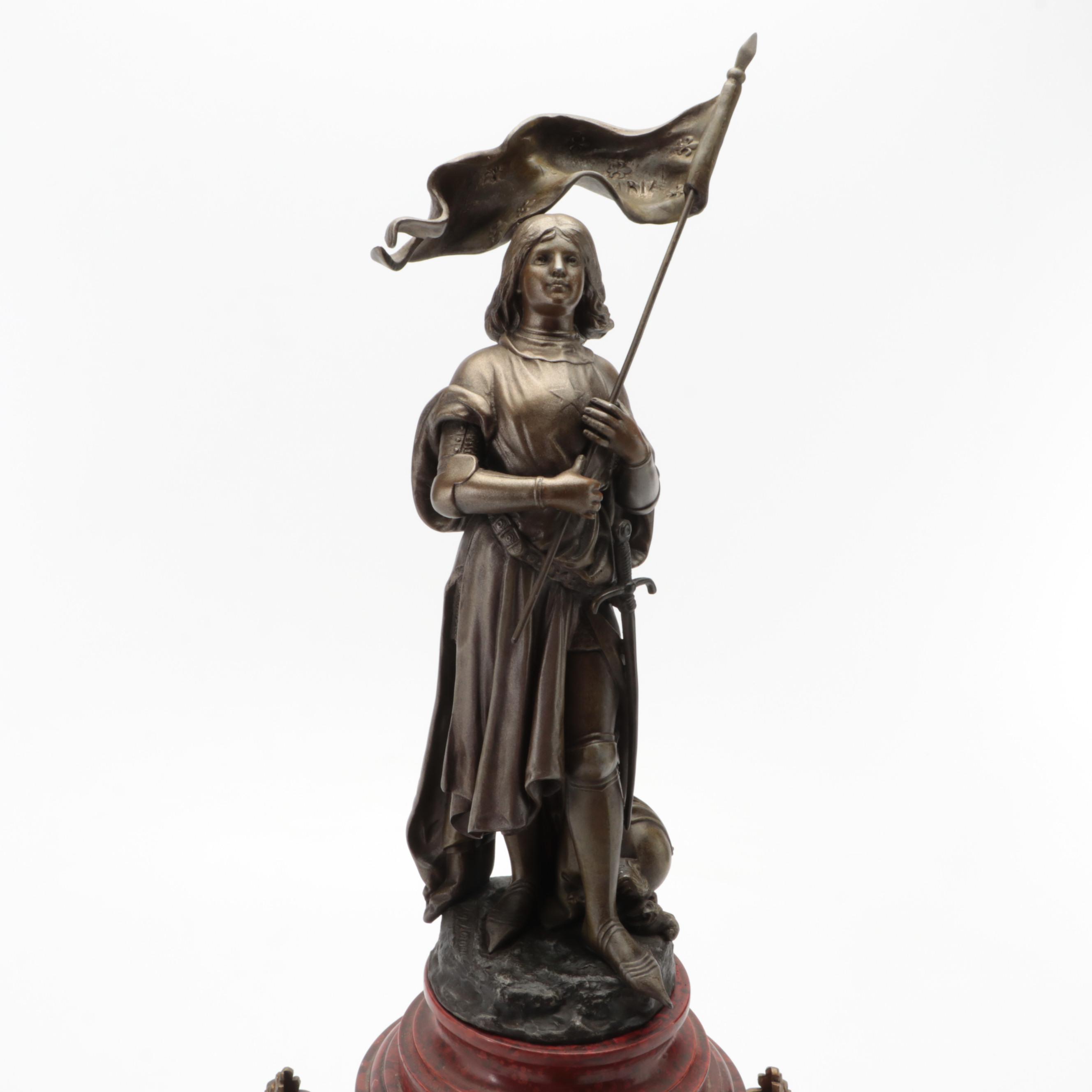 French Marble and Ormolu Mounted Mantel Clock after Hip. Moreau "Jeanne d'Arc"