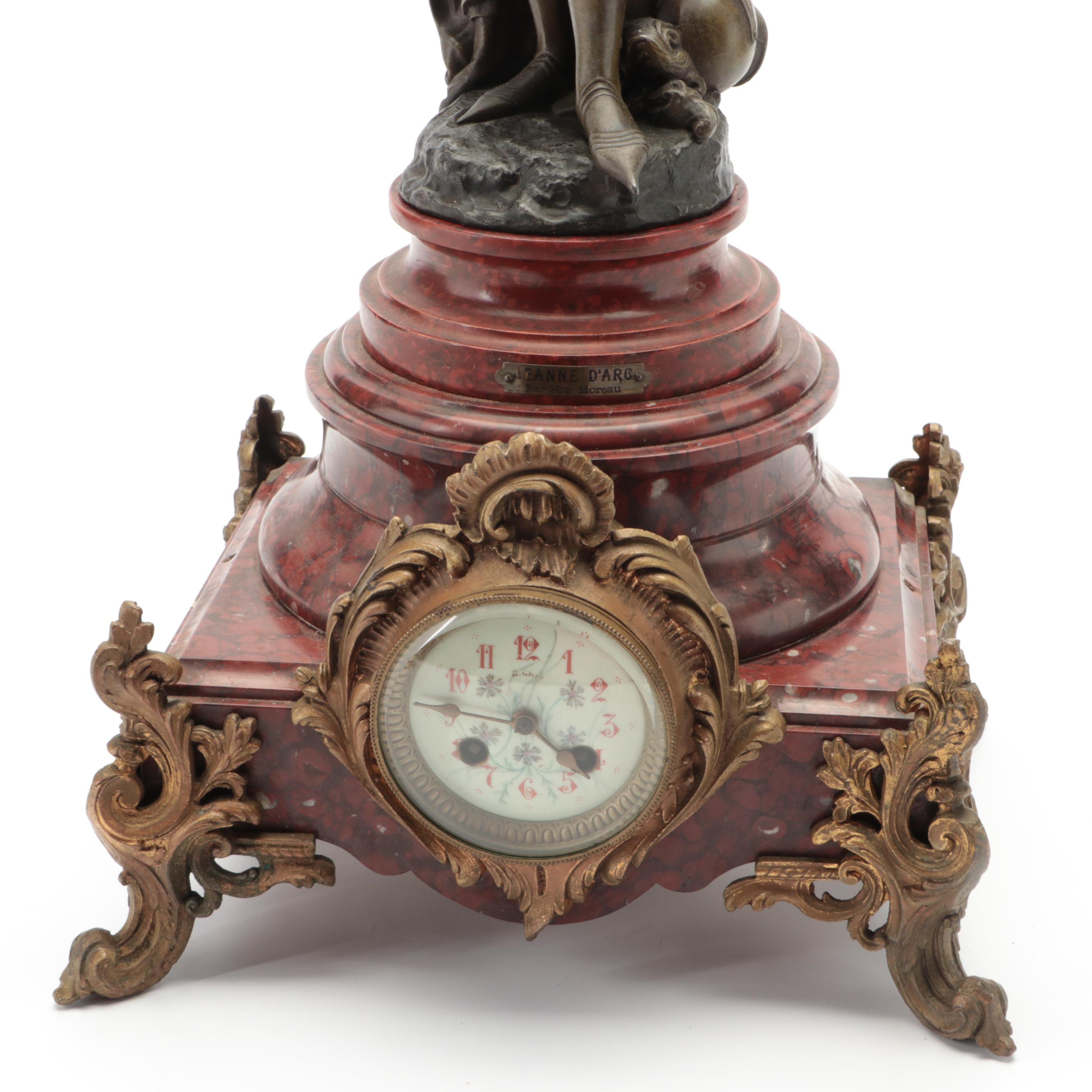French Marble and Ormolu Mounted Mantel Clock after Hip. Moreau "Jeanne d'Arc"