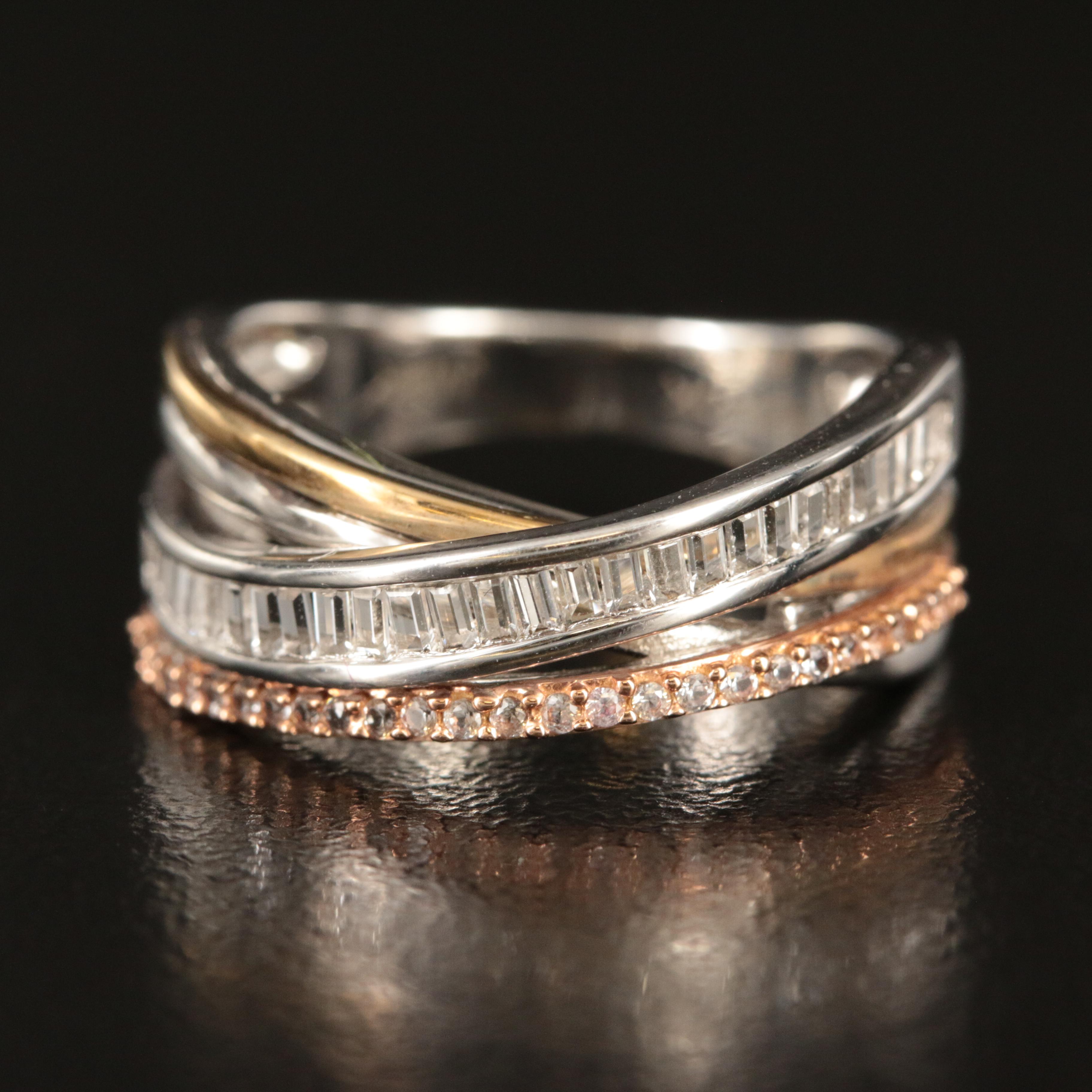 Sterling White Sapphire Crossover Ring with 10K Accents