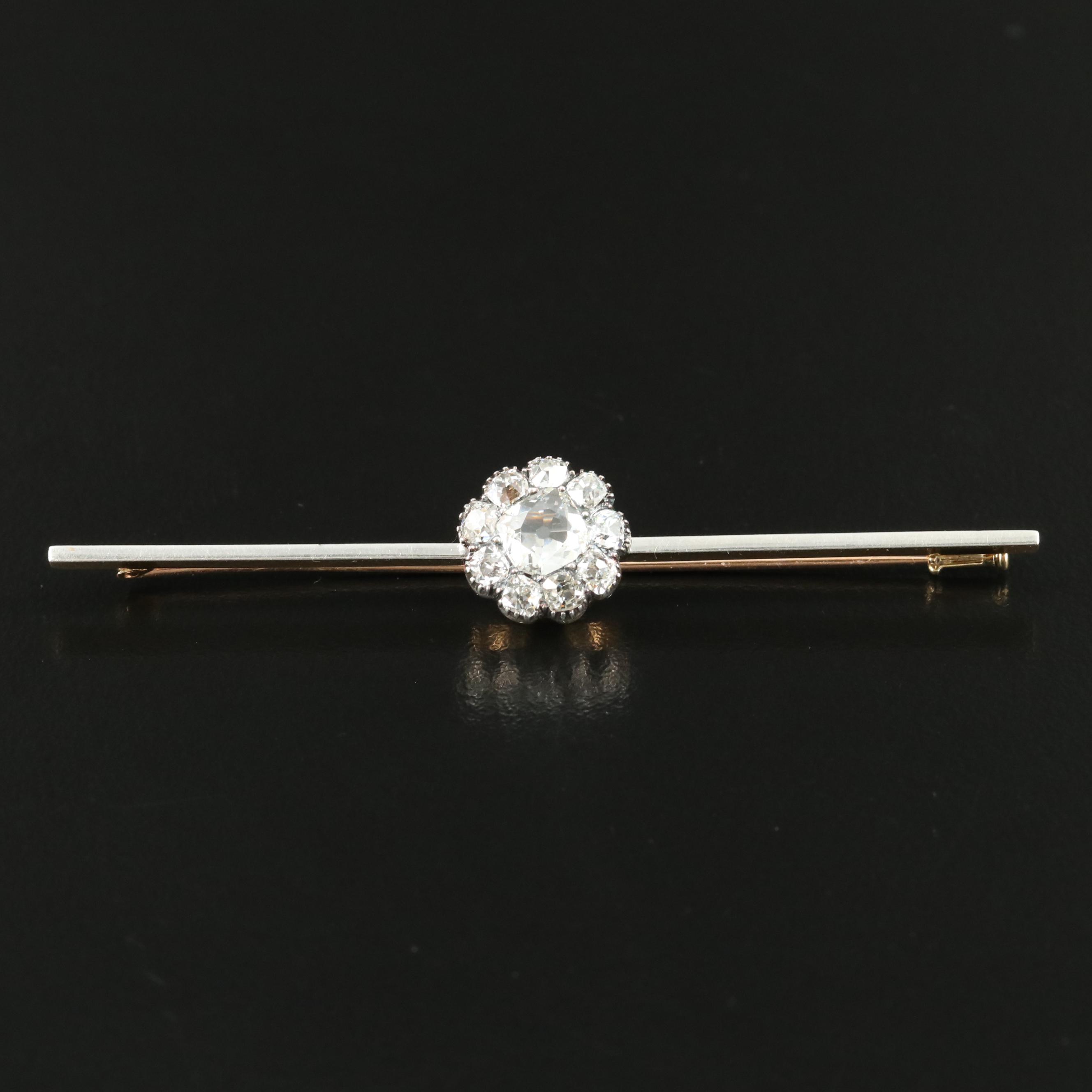 Antique Platinum and 14K 1.30 CTW Diamond Cluster Bar Brooch