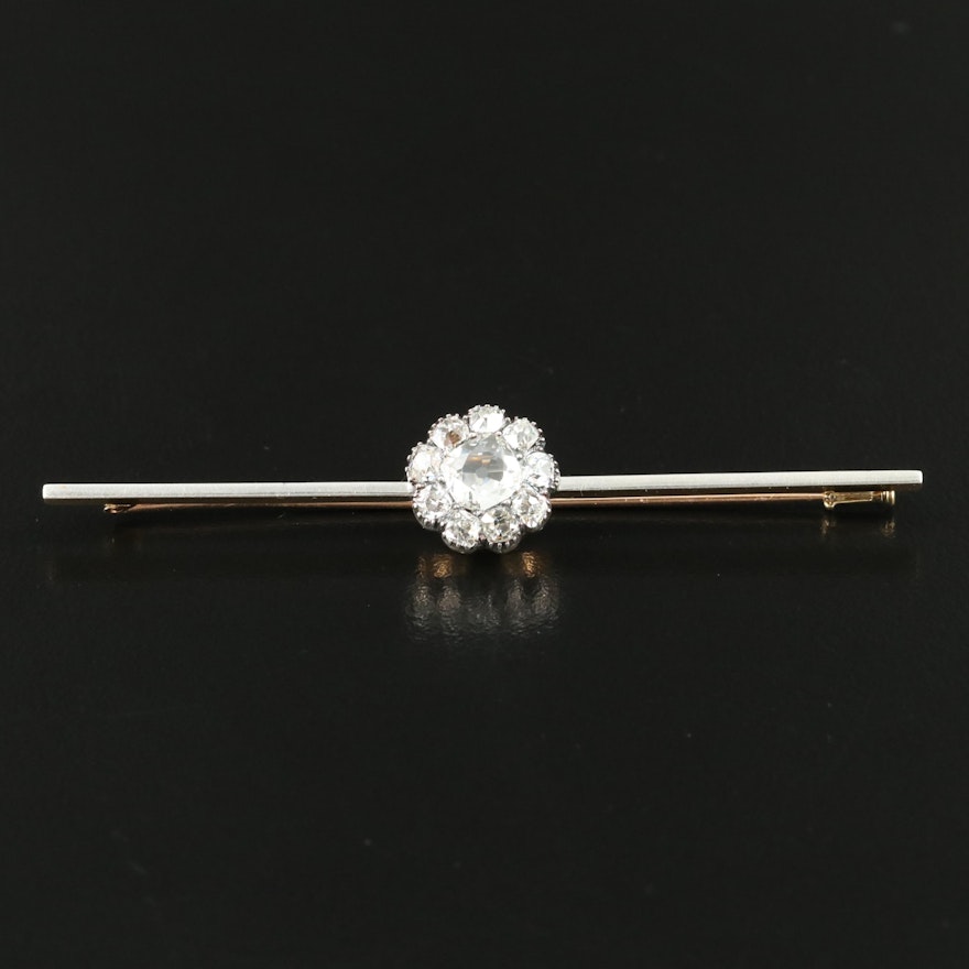 Antique Platinum and 14K 1.30 CTW Diamond Cluster Bar Brooch