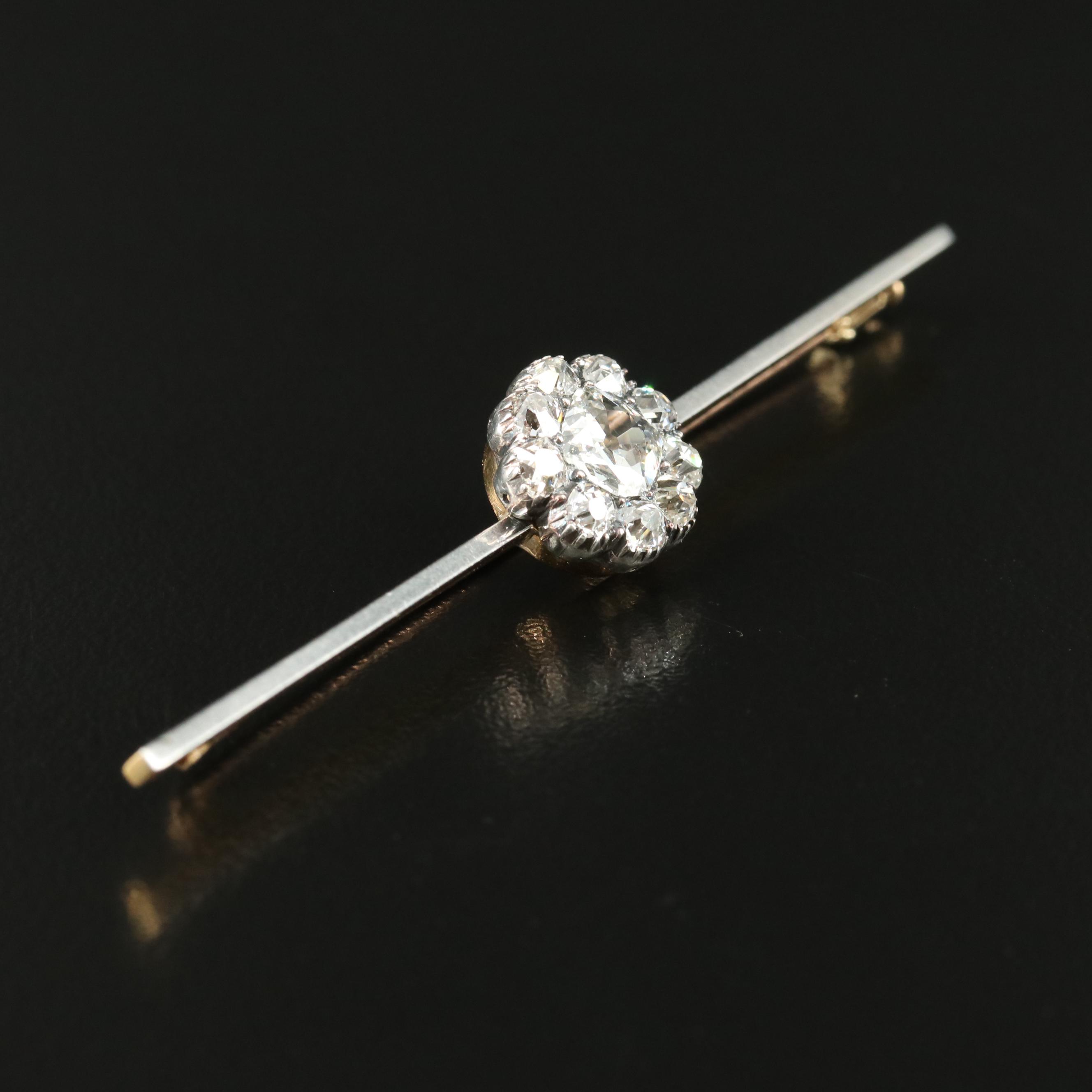 Antique Platinum and 14K 1.30 CTW Diamond Cluster Bar Brooch