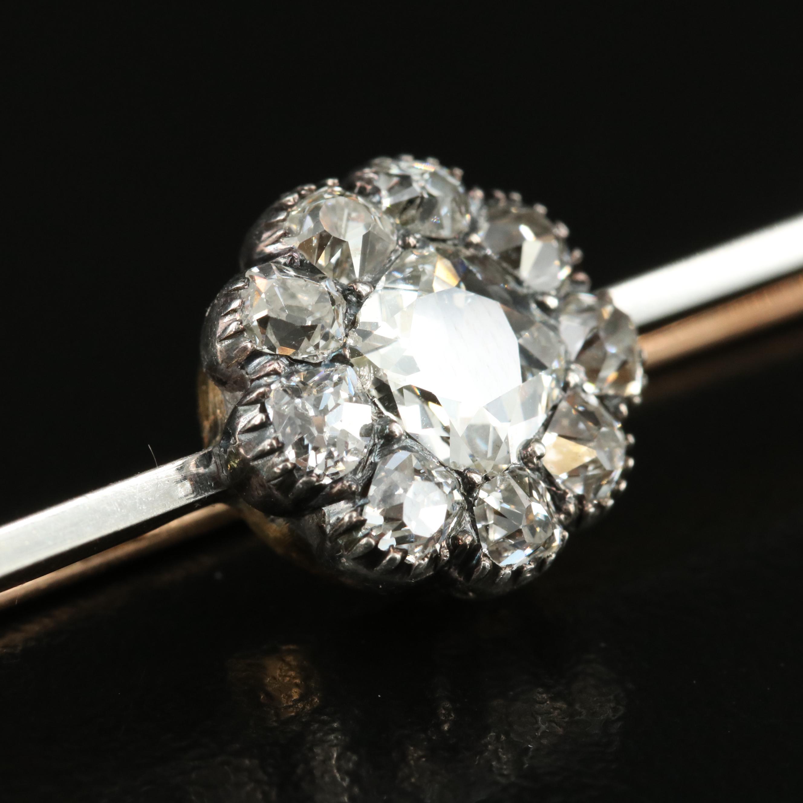 Antique Platinum and 14K 1.30 CTW Diamond Cluster Bar Brooch