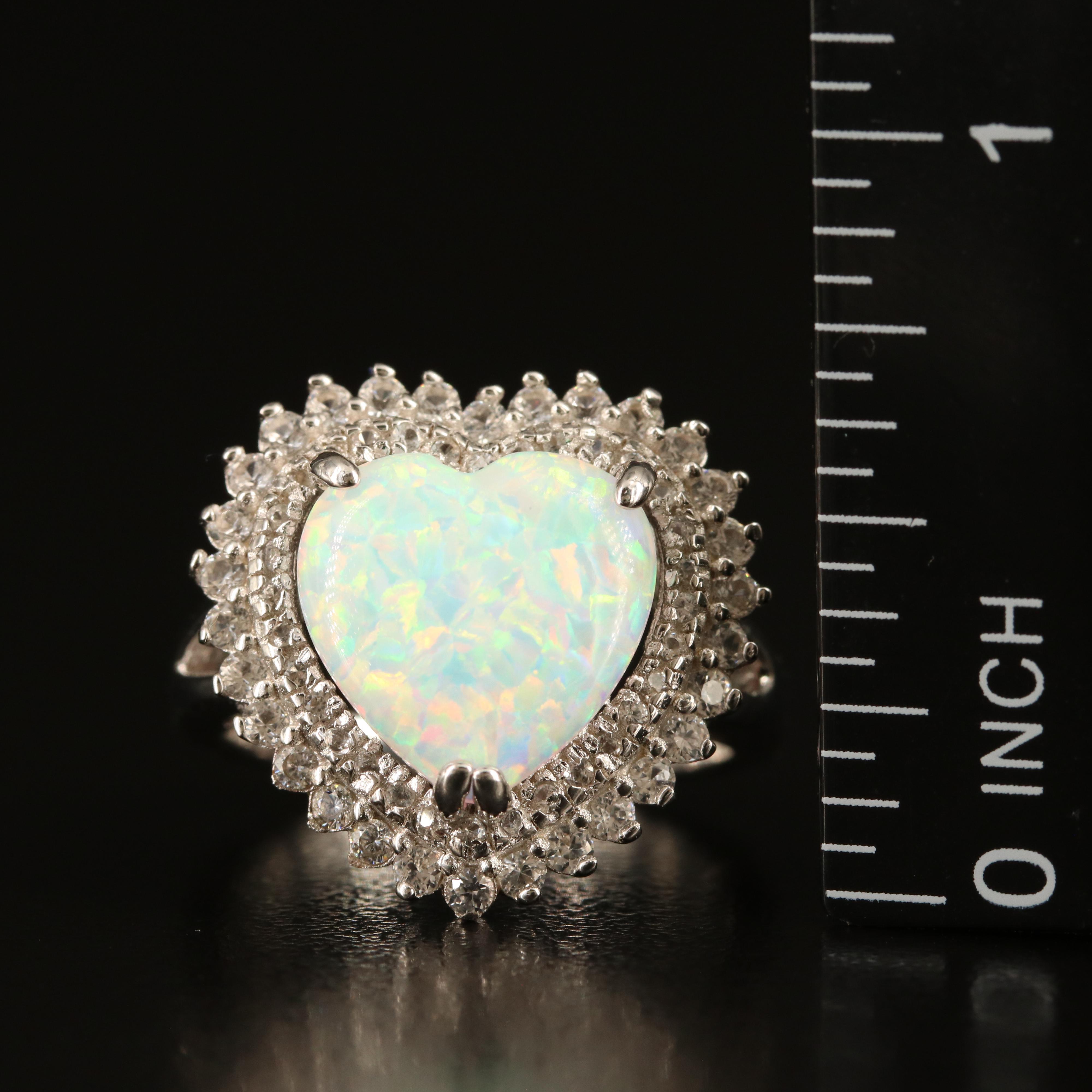 Sterling Opal and White Sapphire Heart Ring