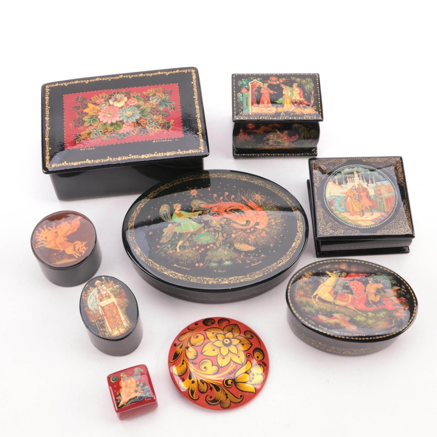 Russian Lacquerware Fairy Tale and Other Boxes and Brooches