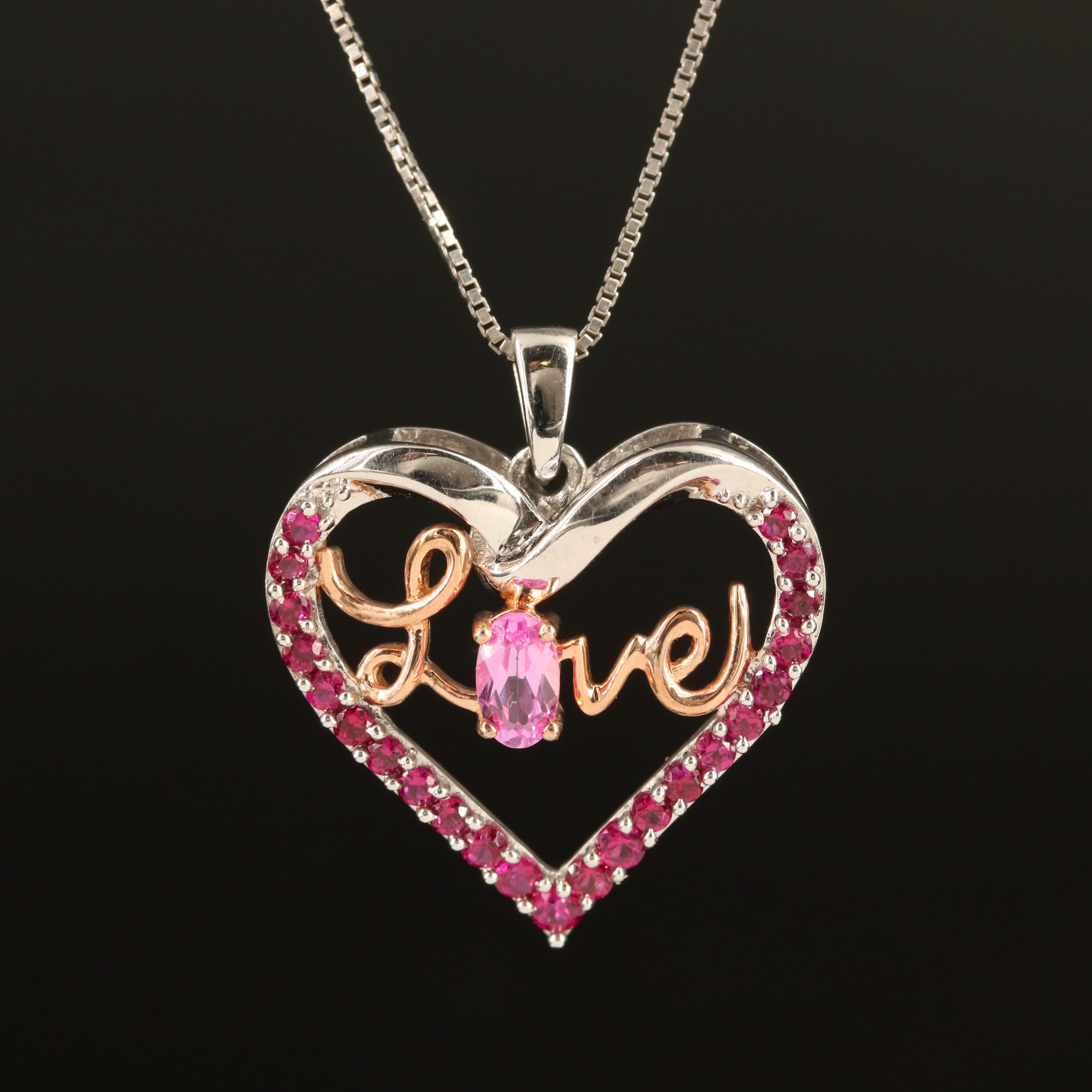 Sterling Pink Sapphire and Ruby "Love" Heart Necklace
