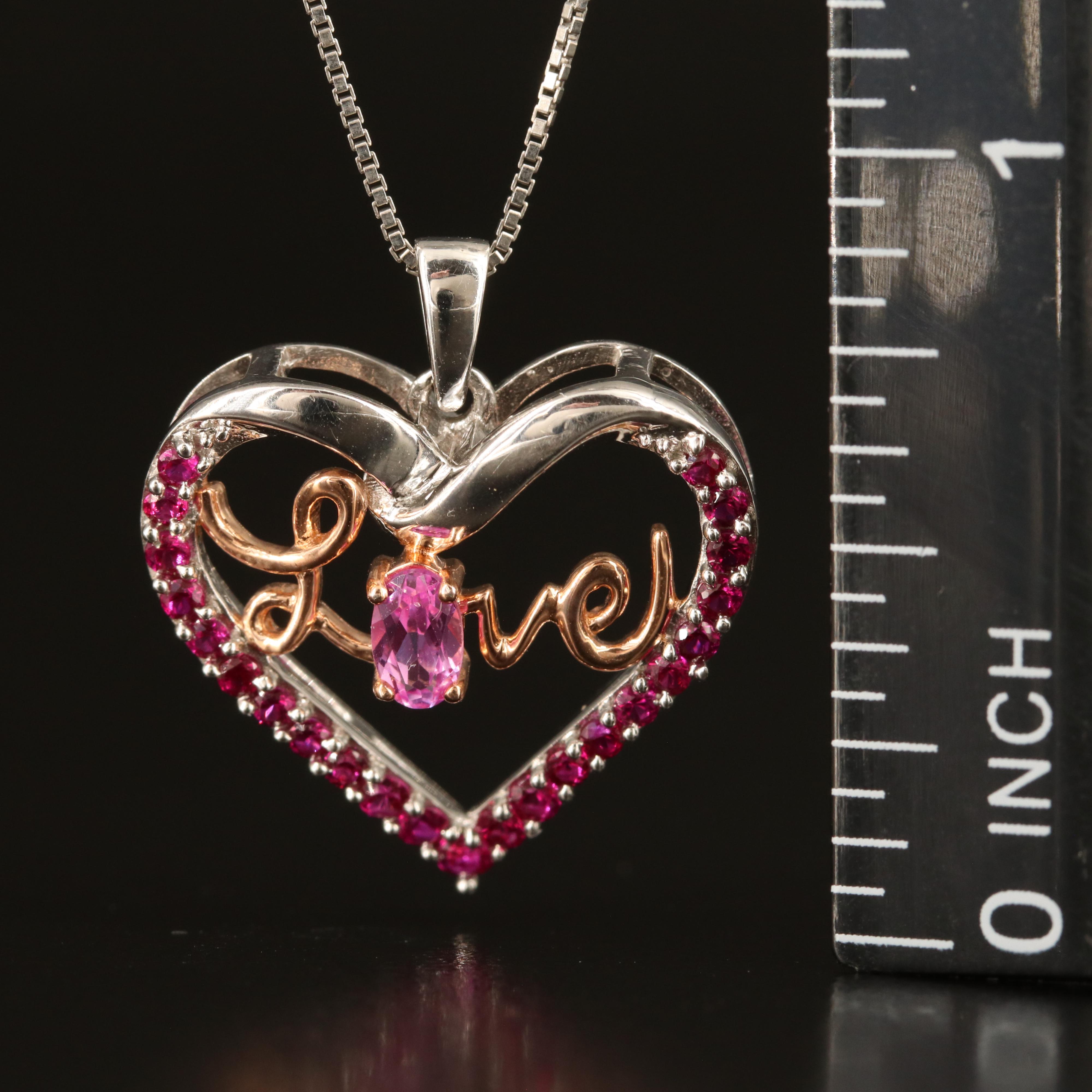 Sterling Pink Sapphire and Ruby "Love" Heart Necklace