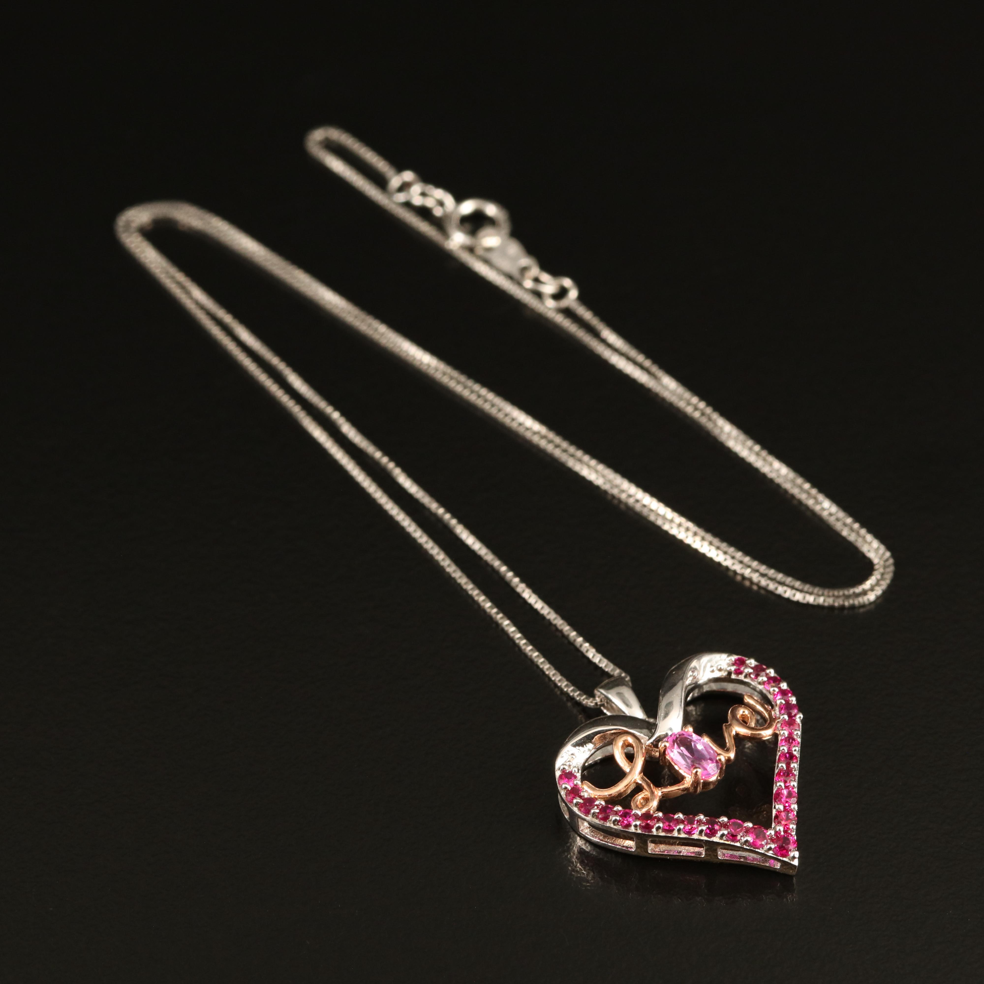 Sterling Pink Sapphire and Ruby "Love" Heart Necklace